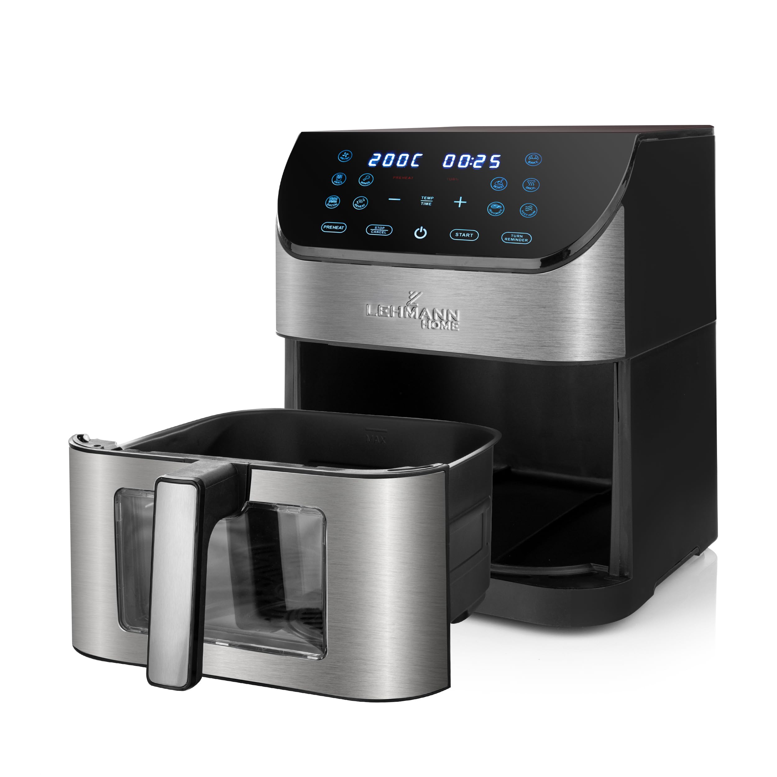 LEHMANN Friggitrice ad Aria XXL 8 Litri, 1800 W, Air Fryer con Finestra di Visualizzazione, Pannello Digitale, 12 Modalità Intelligenti, max 200°C, Lavabile in Lavastoviglie, 90% di Grassi in Meno