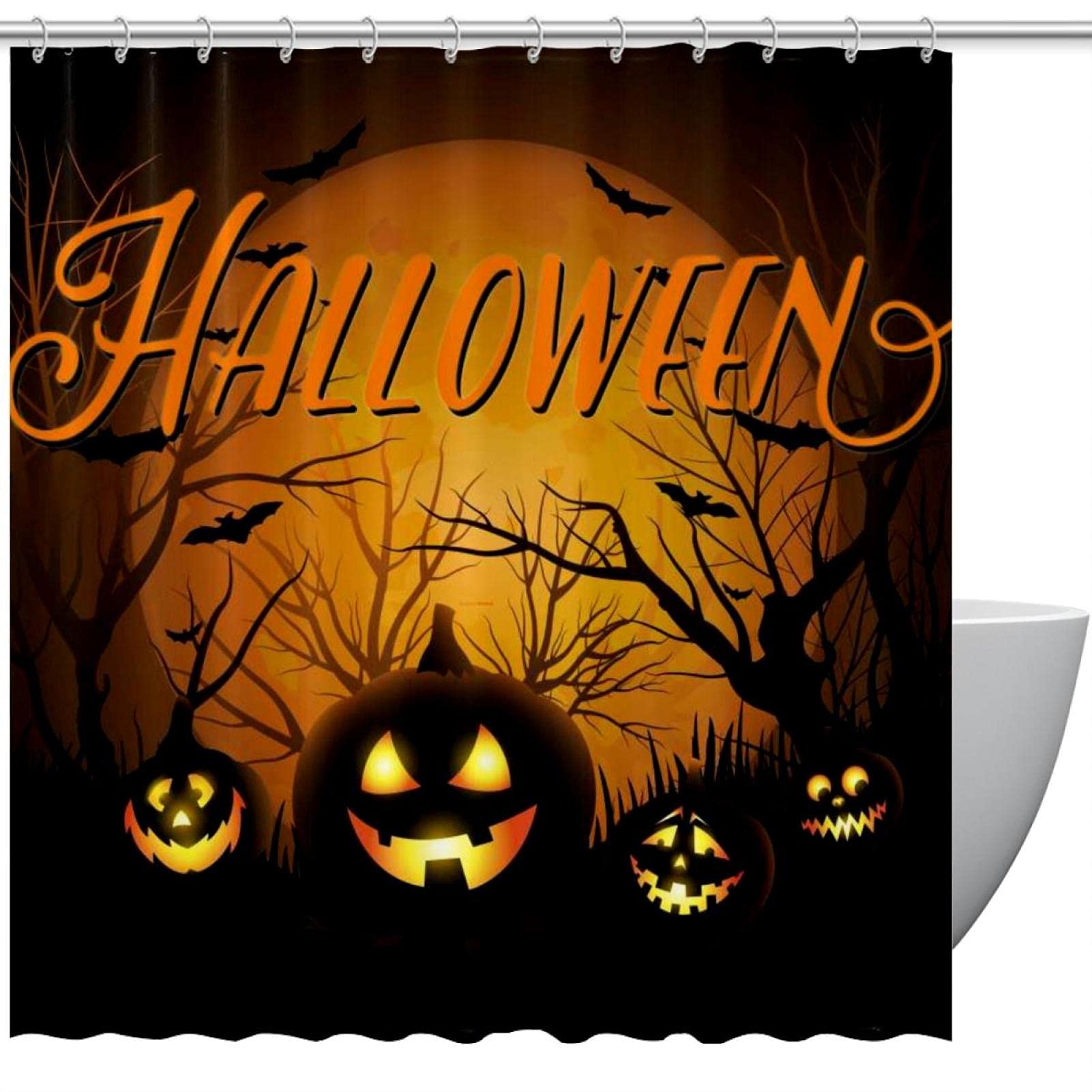Rideau de douche Halloween citrouille orange 183x183 grand format lavable