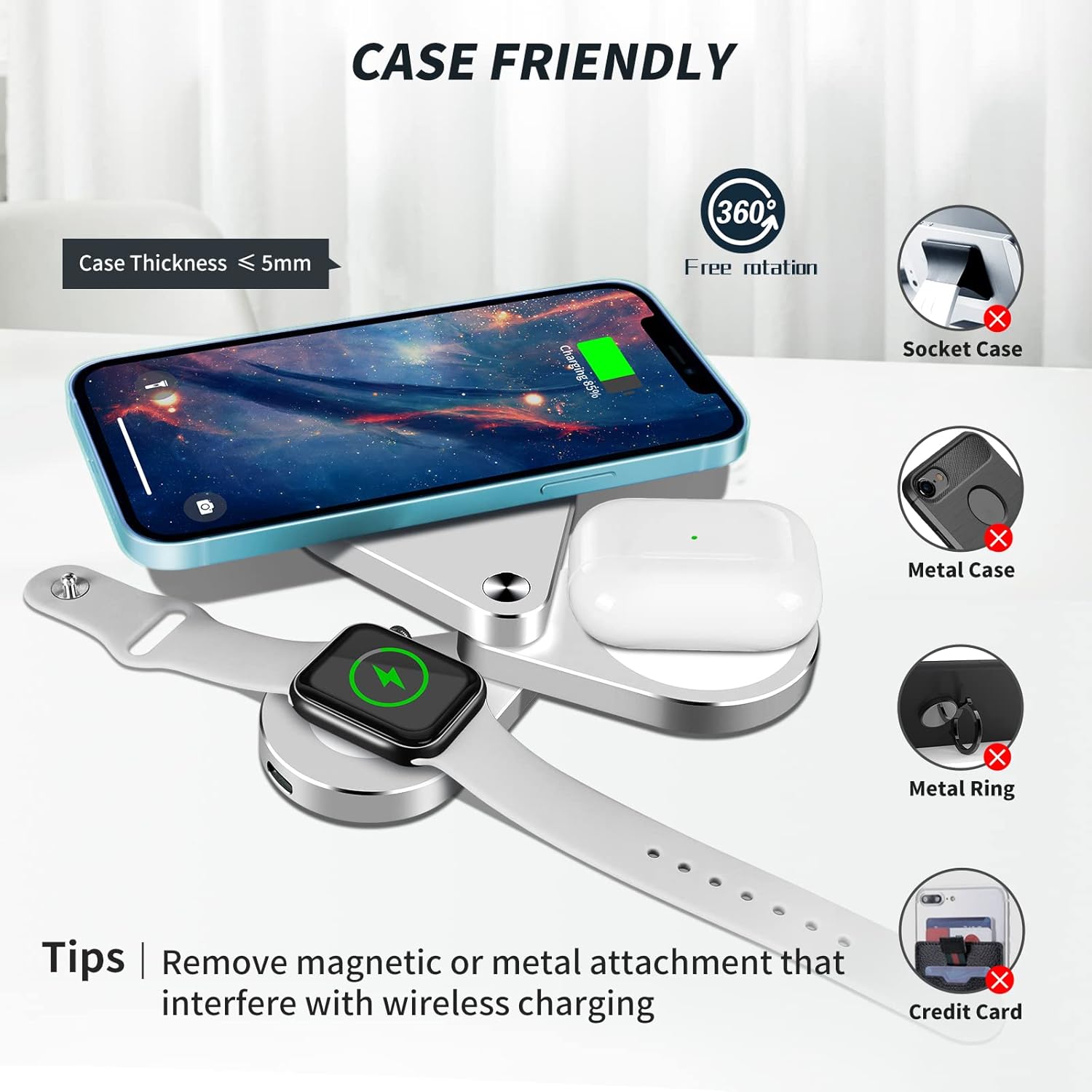 3 in 1 Detachable Magnetic Wireless Charger, 15W Fast Wireless Charging Station for iPhone 13/12, Foldable Wireless Charger Stand Compatible with iWatch SE/6/5/4/3/2 and Airpods Pro/2(Sliver)