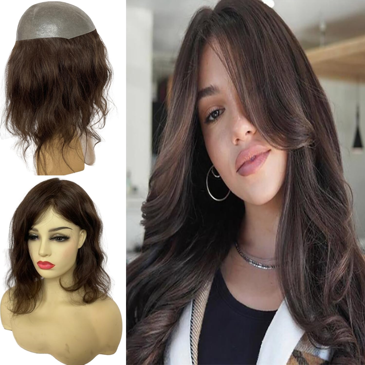 Voloria 12INCH Hair Toppers for Women Real Human Hair Topper Miduim Density Full PU Base Hairpiece Hair Extensions (#3 Dark Brown Color)