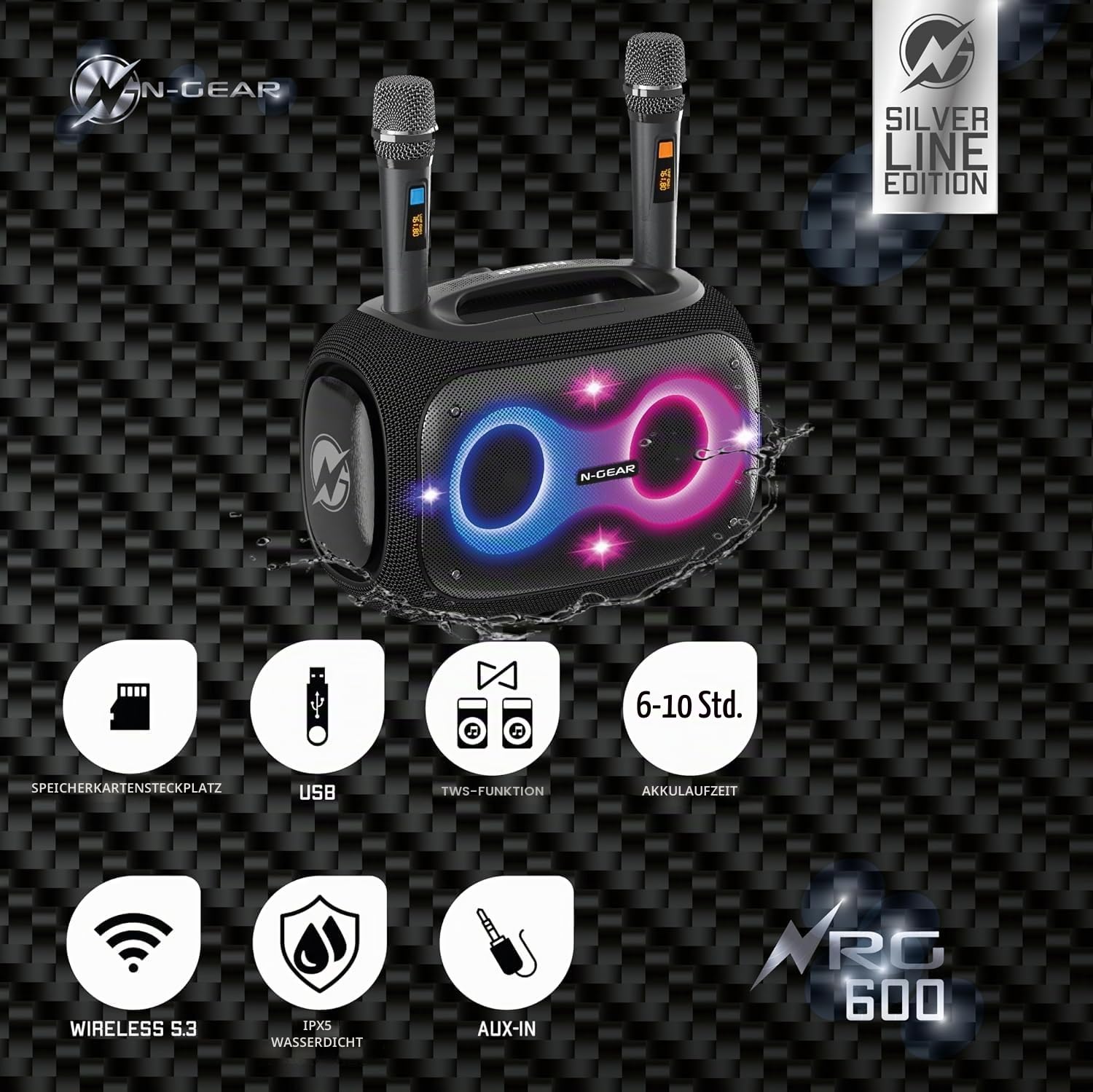 N-Gear NRG 600 Bluetooth Lautsprecher Musikbox - Partybox Bluetooth und Karaoke Maschine mit 2 Mikrofonen im einem - 600 Watt, Super Tiefer Bass, IPX5 wasserdicht, 10 Std. Spielzeit, LED-Beleuchtung
