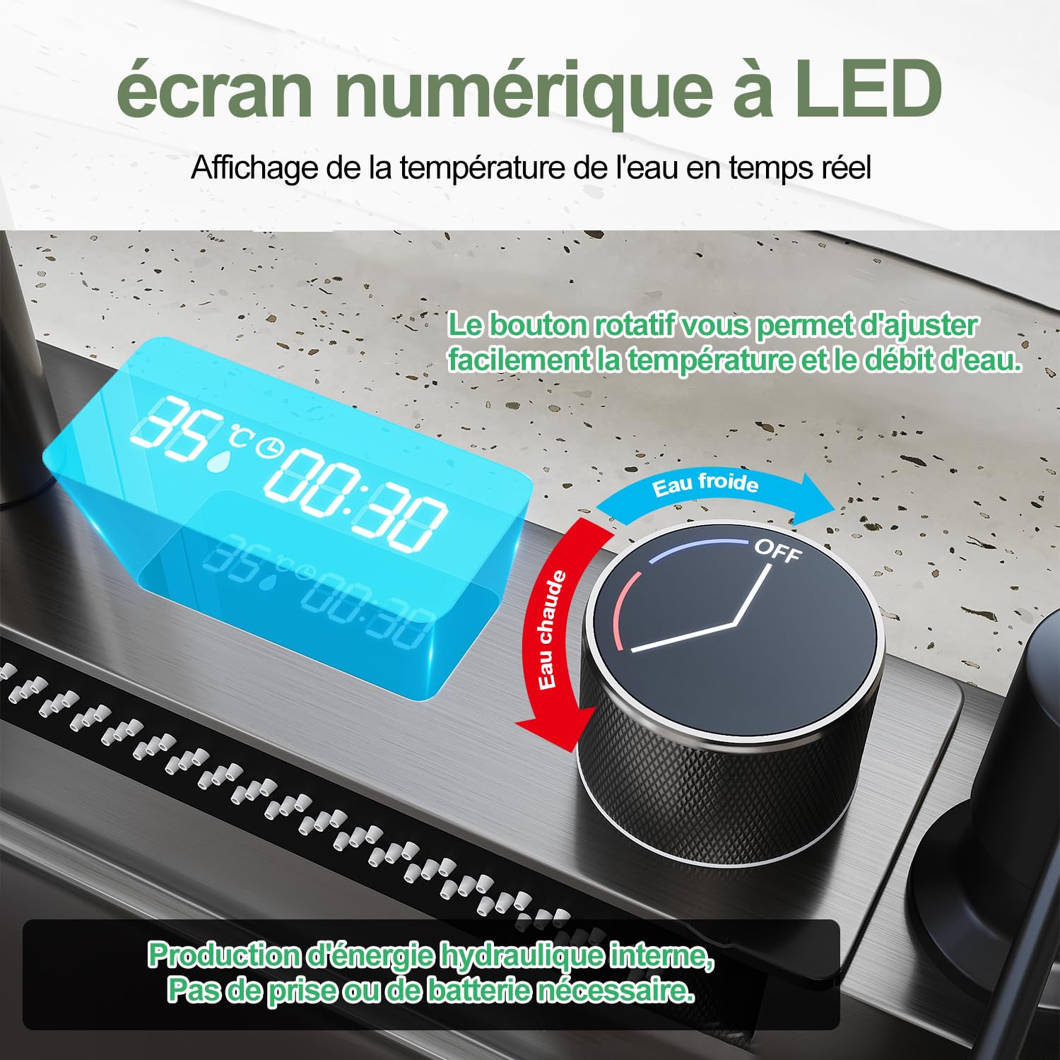 SIRHONA Évier de Cuisine avec Cascade, Évier Multifonction 1 Bac en Inox 75x45 cm, Robinet Rétractable, Avec Affichage de la Température, Noir