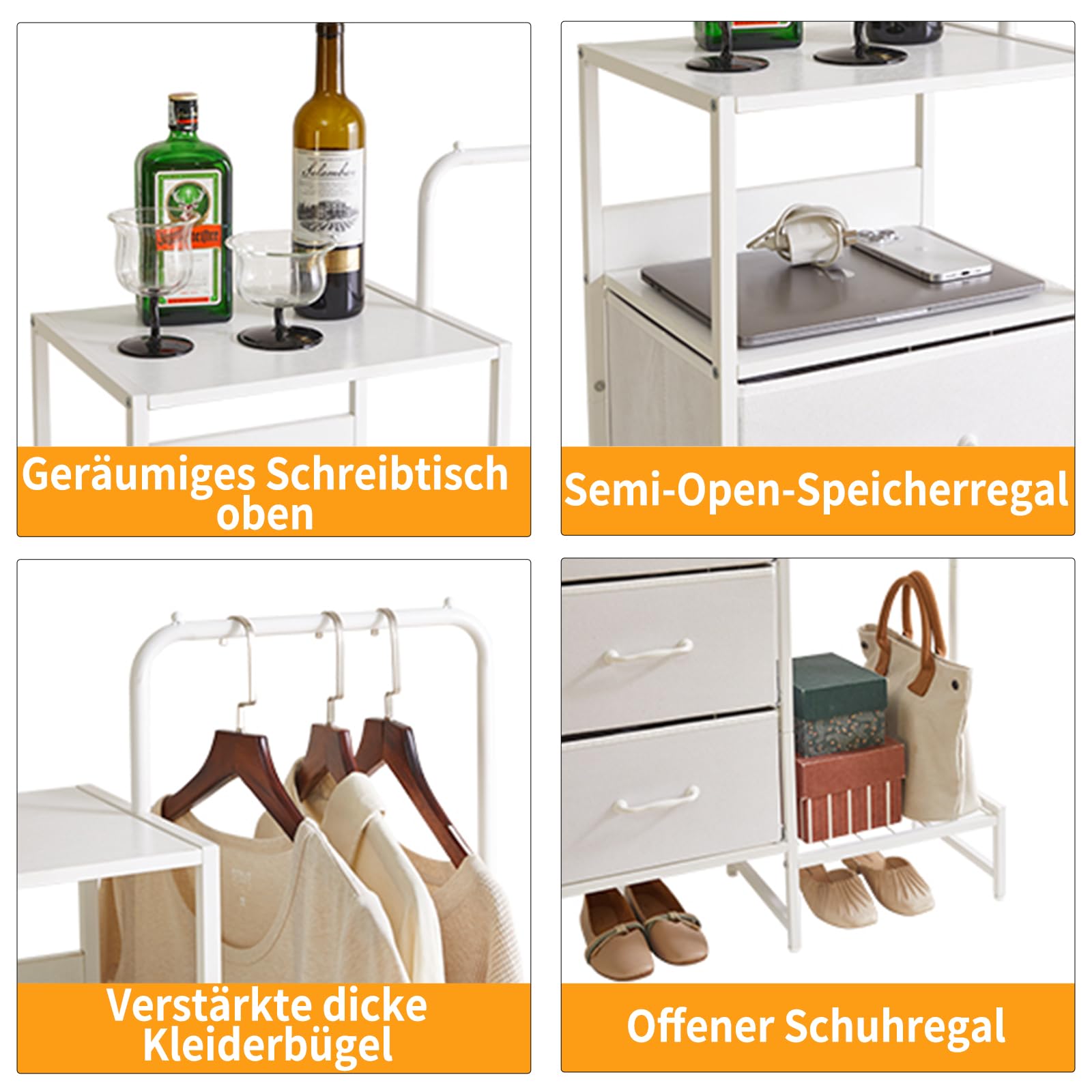 Aibiju Stoffkommode fürs Schlafzimmer, Stoffschubladenschrank mit Regalen und Kleiderstange, wendbarer Kleiderbügel für Flur, Eingangsbereich, Schlafzimmer, Wohnzimmer, Weiß YD-TM081W