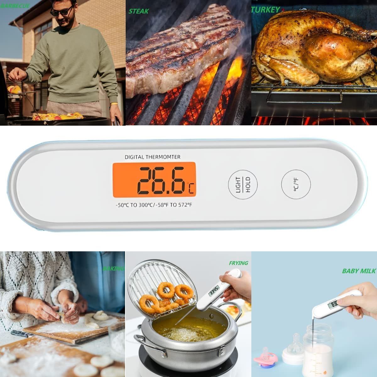 review Digital Meat Thermometer for Cooking with Probe and Backlight，IP67 Waterproof CookingThermometer for Grilling BBQ, Kitchen Cooking,Candy,Oil and Roast Turkey ,Instant Read Thermometer Digital (White)