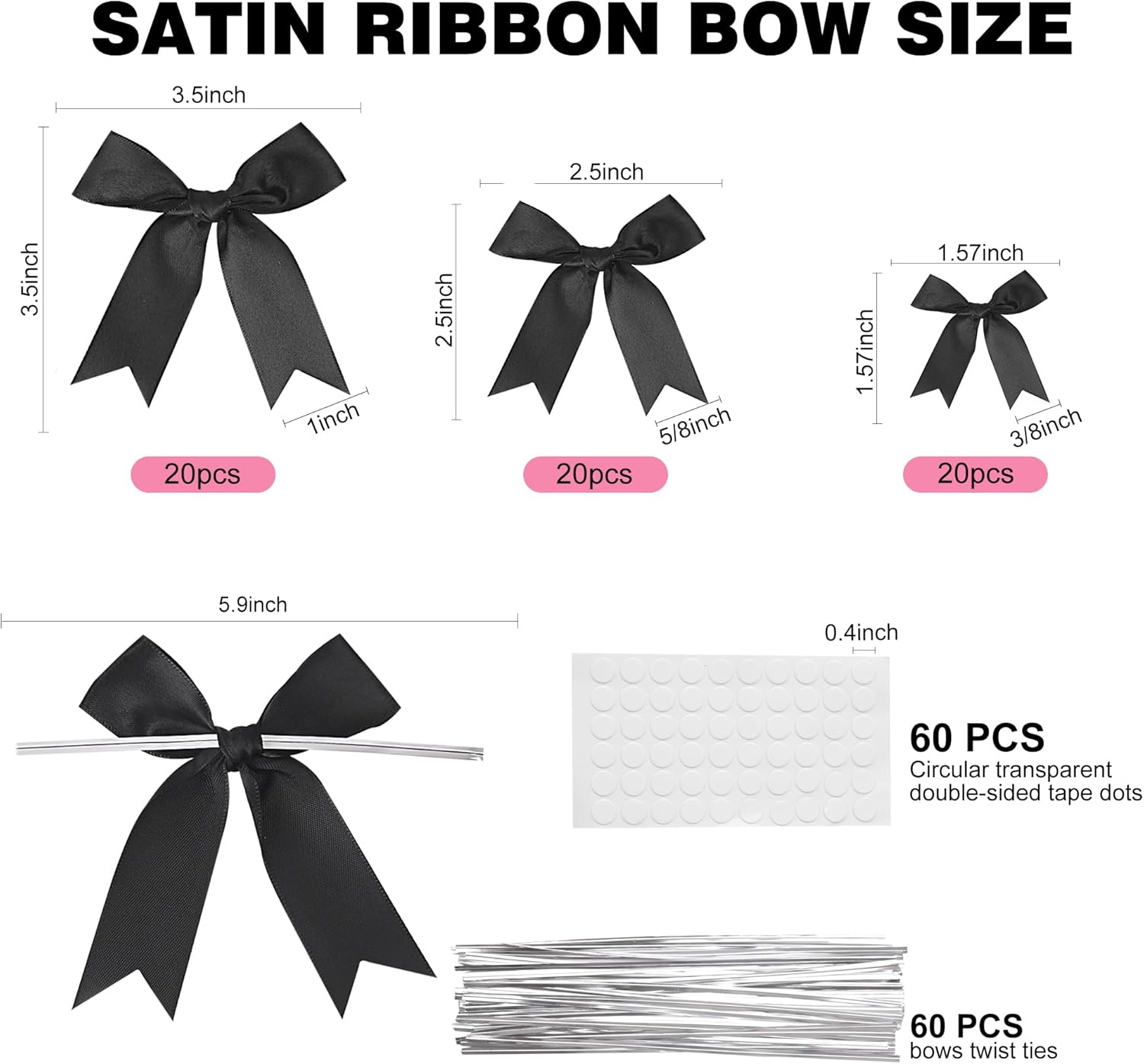 Oubest Black Bows for Gift Wrapping, 60 PCS 1.57", 2.5" & 3.5" Satin Ribbon Gift Wrap Bows with Twist Tie for Christmas,Birthdays,Baby Shower,Weddings,Crafts,Holiday Presents,Party Decorations, Black - Image 2