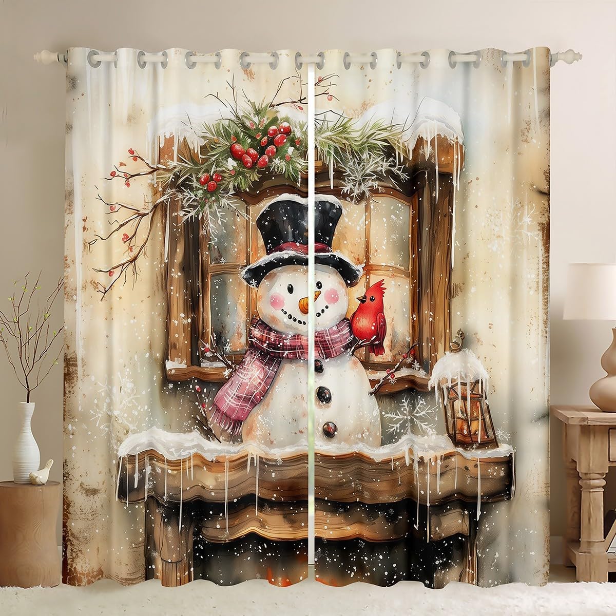 Merry Christmas Window Curtains Cartoon Wooden Xmas Trees Cute Deer Window Drapes for Kids Teens Adults Retro Patchwork Gray Grid Rustic Farmhouse Curtains for Living Room 2 Panels 38Wx45L