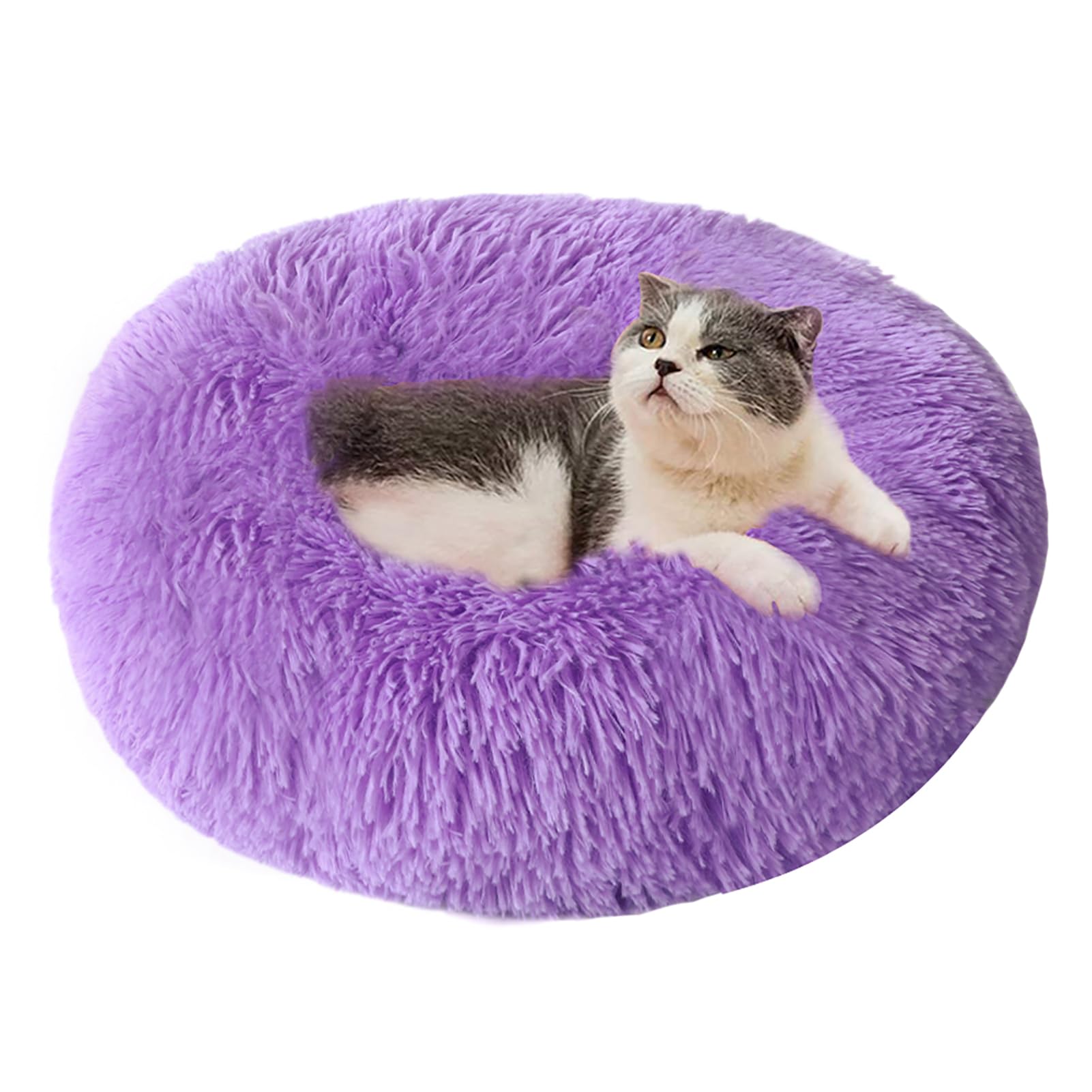 Cat Donut Bed for Indoor Cats, Calming Small Dog Bed, Fluffy Plush Puppy Kitten Cuddler Round Bed Warm Soft Pet Cosy Anti Anxiety Beds with Non-Slip Bottom, Machine Washable,Purple,40cm/15.75”