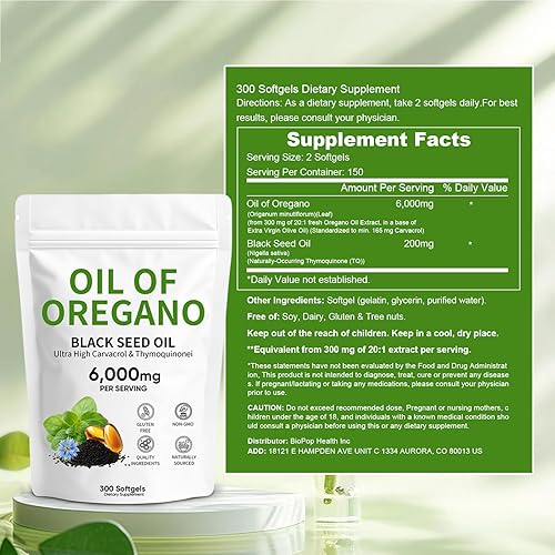 Miniatura 2 de Auvely Aceite de orégano de 6,000 mg con aceite de semilla negra, fórmula 2 en 1 para apoyo inmunológico y salud digestiva, sin OMG y sin gluten,