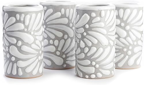 Miniatura 30 de Juego de 4 vasos de chupito Talavera auténticos mexicanos para tequila - Pintados a mano - 2 Oz (Flores naranjas)