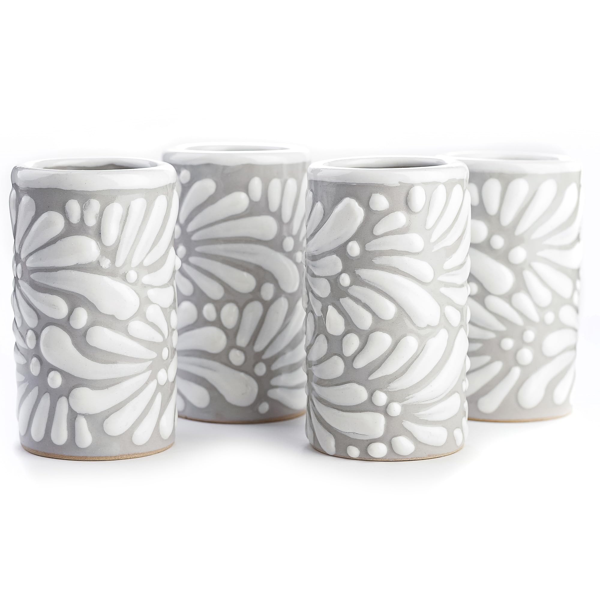 Talavera Shot Glasses Set of 4 Authentic Mexican Tequila Shot Glasses - Hand-painted - 2 Oz (White Brushstroke Gray Background)