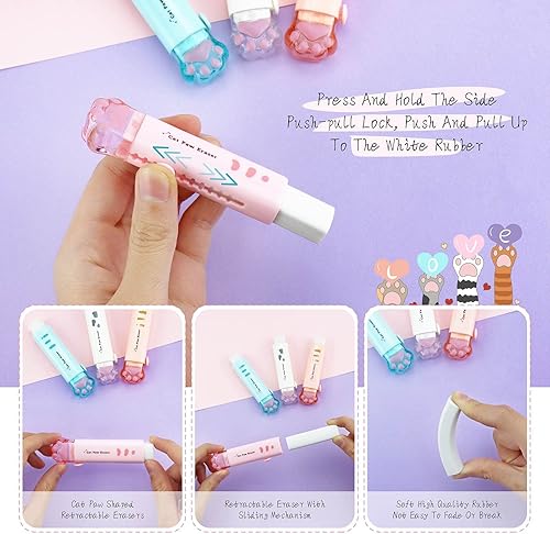 Miniatura 5 de YETOOME 4 borradores retráctiles en forma de pata de gato, bonitos borradores de goma para estudiantes, escribir, oficina, suministros escolares