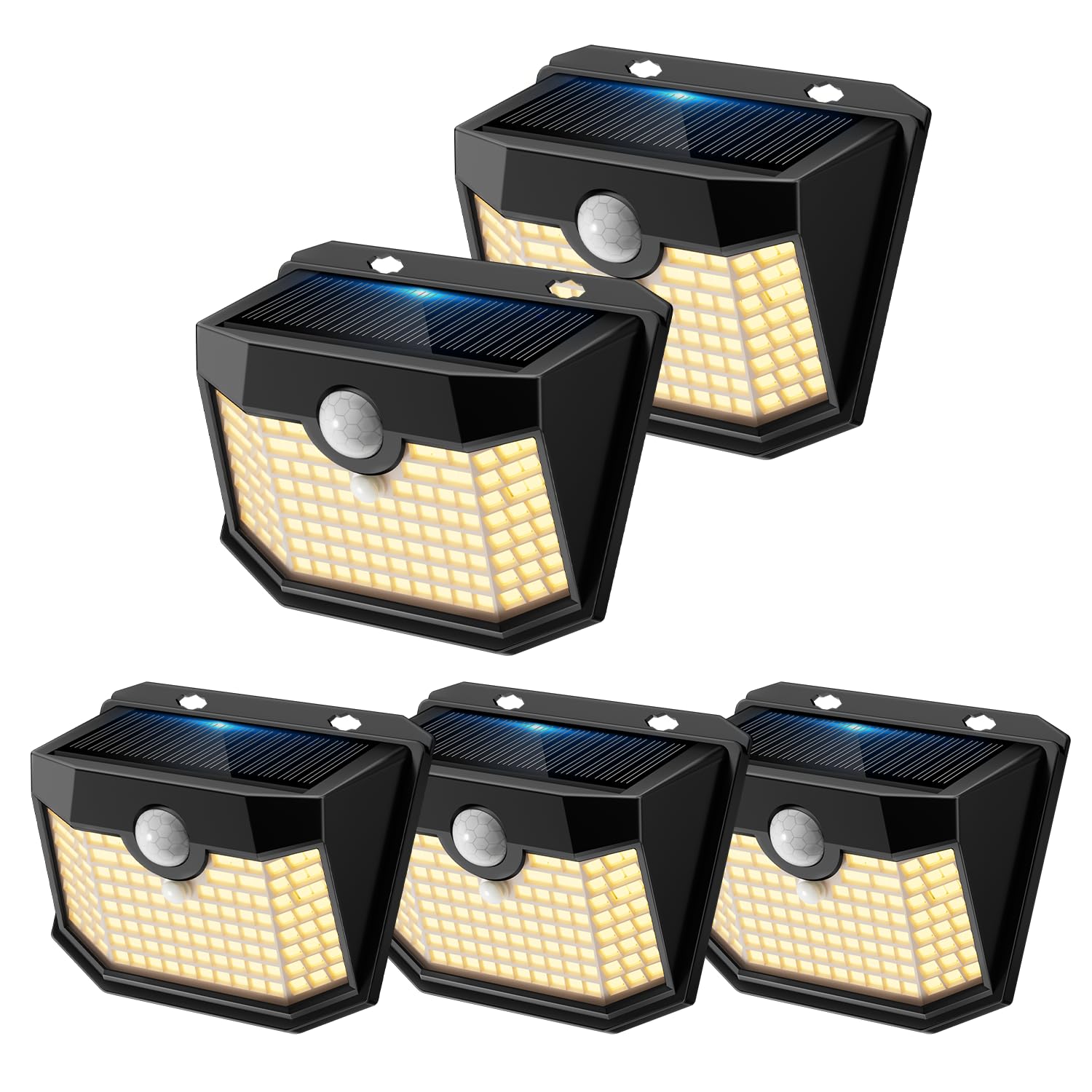 Aootek Luces Solares Exterior LED, Pack 5 Focos Solares con Detector de Movimiento 8m, 120 LEDs IP65 Impermeable, Diseño Angular, Batería de Litio, Luz Blanca Cálida, Carcasa Negra | Detector de movimiento 8 m, forma angular, batería de litio, carcasa neg
