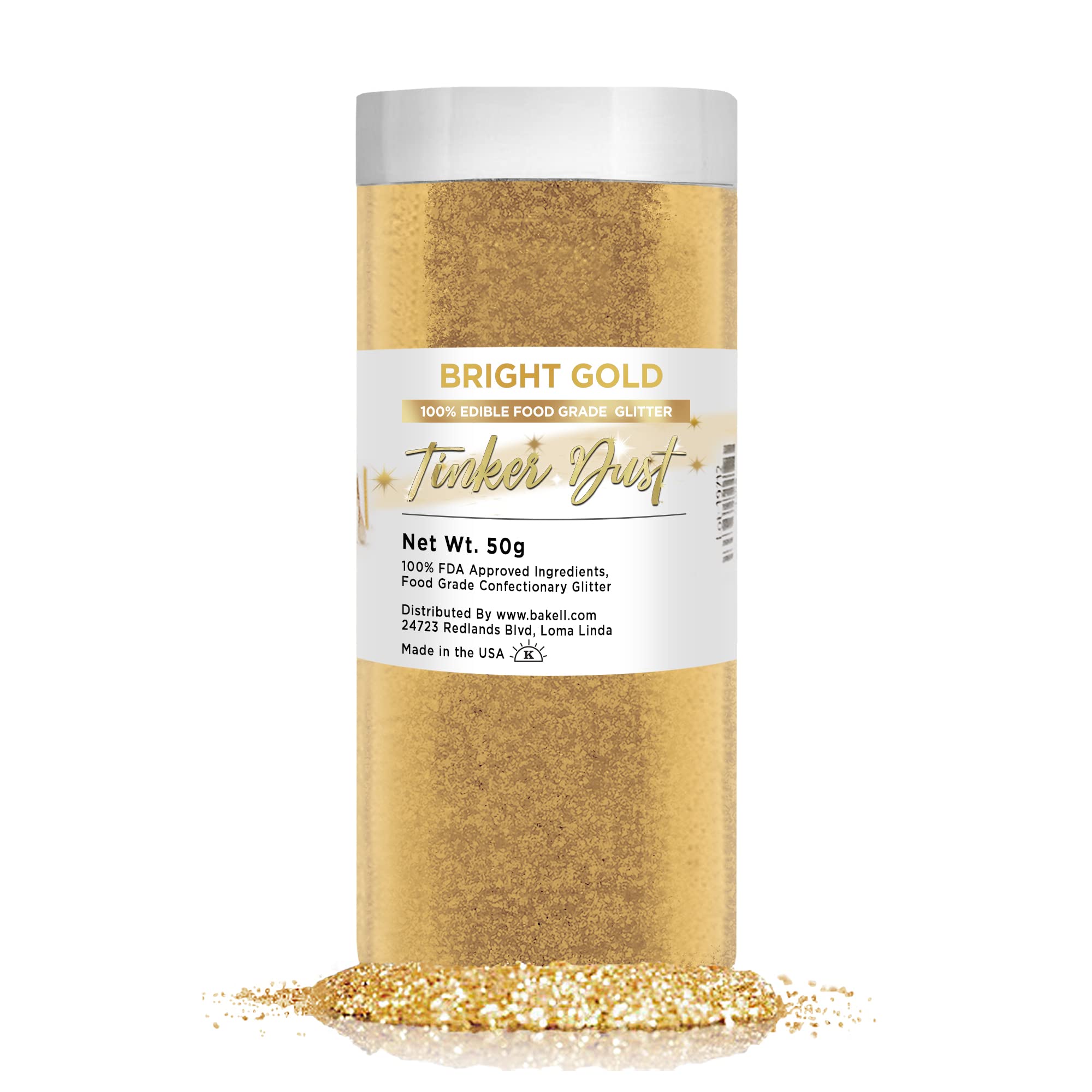 BAKELL Bright Gold Edible Glitter, 50 Grams | TINKER DUST Edible Glitter | KOSHER Certified | 100% Edible Glitter | Cakes, Cupcakes, Cake Pops, Drinks