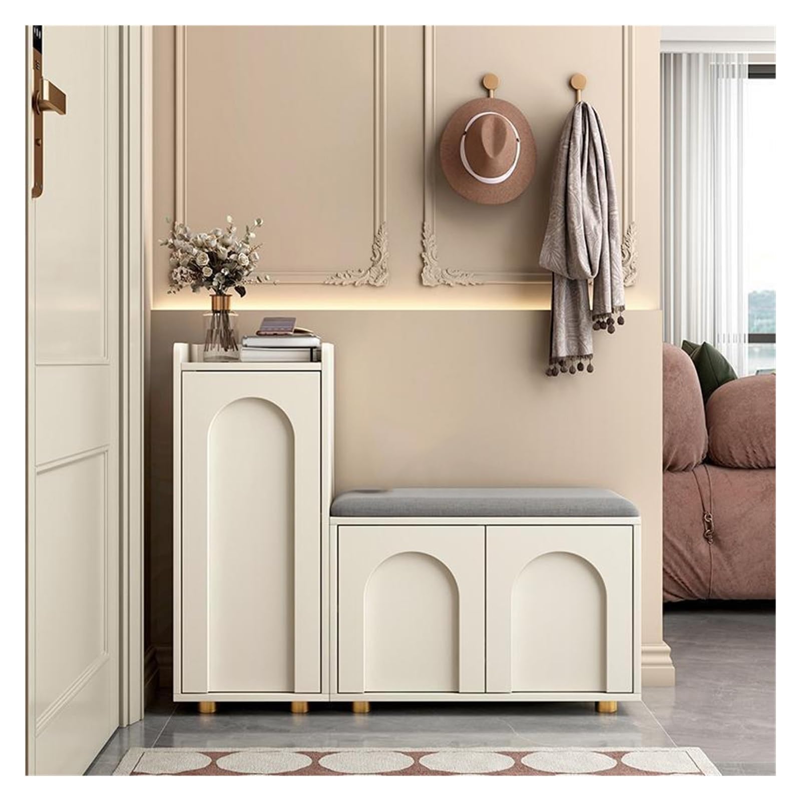 MYUYEE Shoe Bench Entryway- Entrance Shoe Bench Shoe Storage Bench With Cabinet Metal Frame And Wooden Board Shoe Rack Bench With Seat For Entryway Hallway Front Door Doorway(White-60Cm)