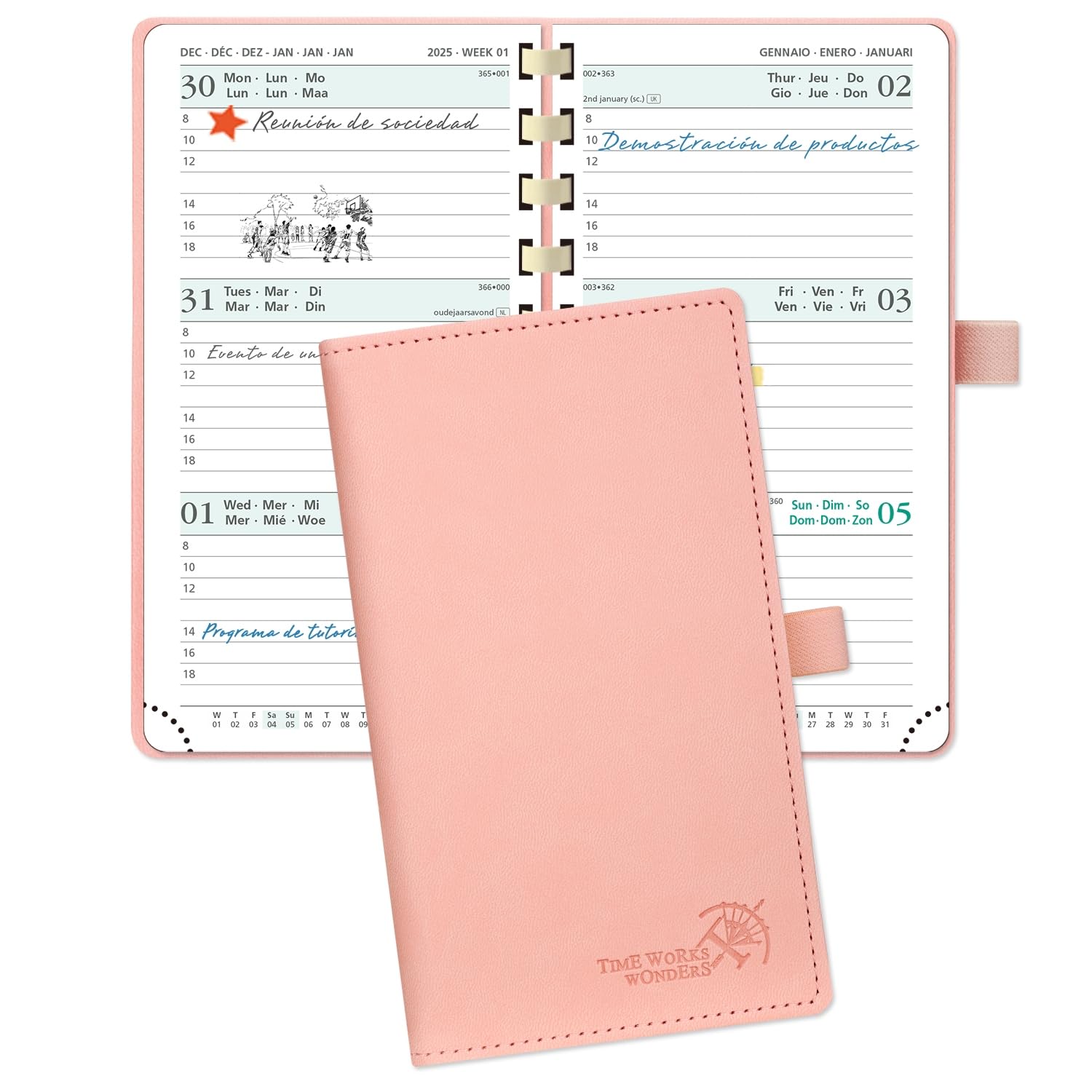 POPRUN Agenda 2025 Semana Vista Espiral Pequeña de Bolsillo 16,5 x 9 cm, Tapa Blanda en Agenda Semanal 12 Meses de Ene 2025 - Dic 2025, Portabolígrafo, Papel Certificado FSC® 100 GSM, Rosado