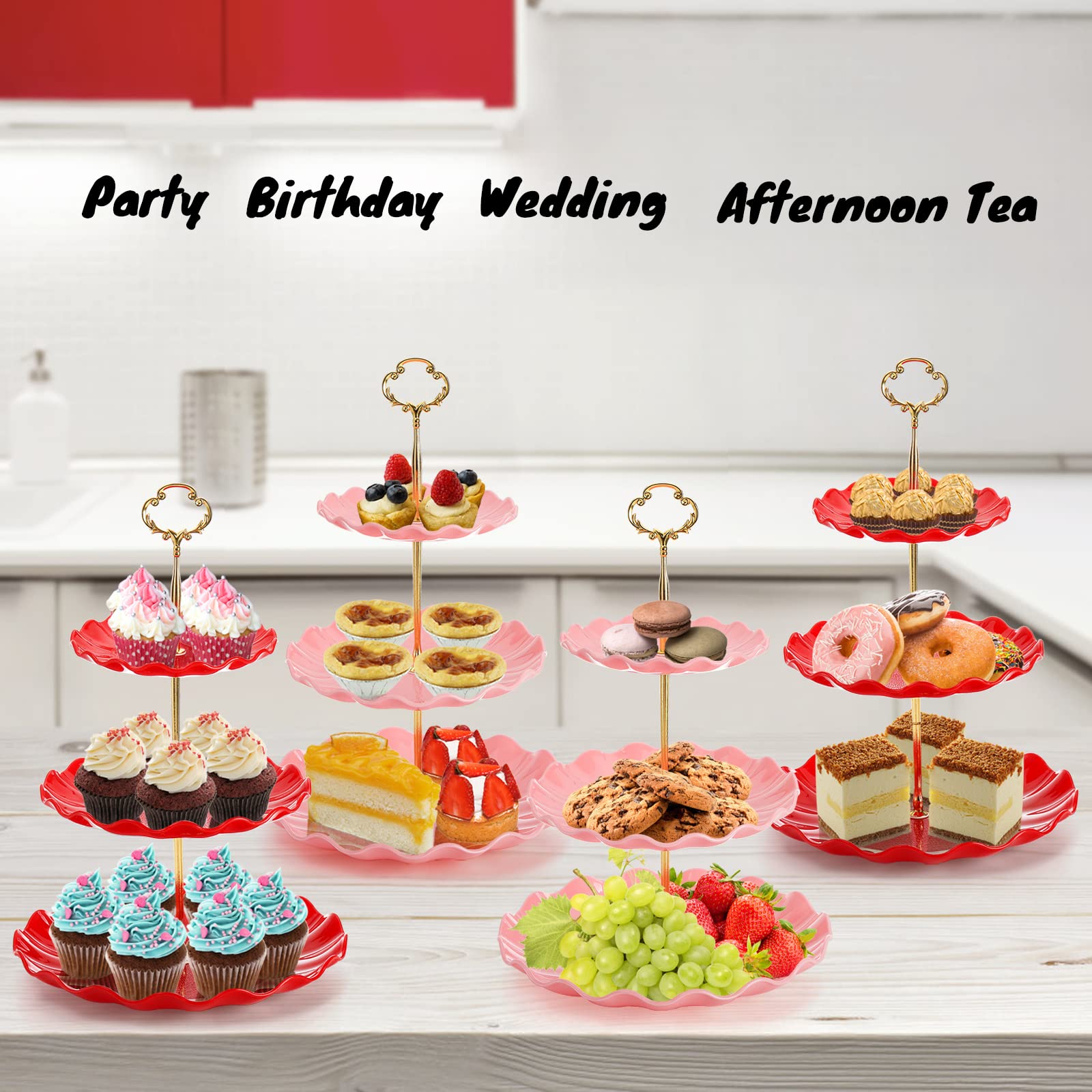 DEAYOU Paquete de 4 soportes para cupcakes de 3 niveles, torre de exhibición de postres de plástico, bandejas escalonadas para servir tartas con varilla dorada, bandeja para pastelería para bufé