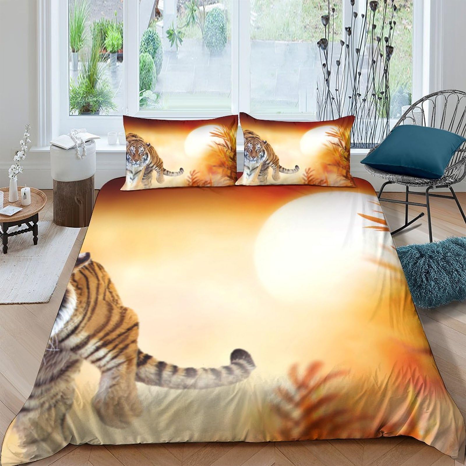 Ctjqhvkz Style-3 3D Printed Tiger Sunset Fitted Sheet Microfiber Soft Anti-Slip Jungle Bed Sheet For Bedroom Guest Room Decor Single（135X200cm）