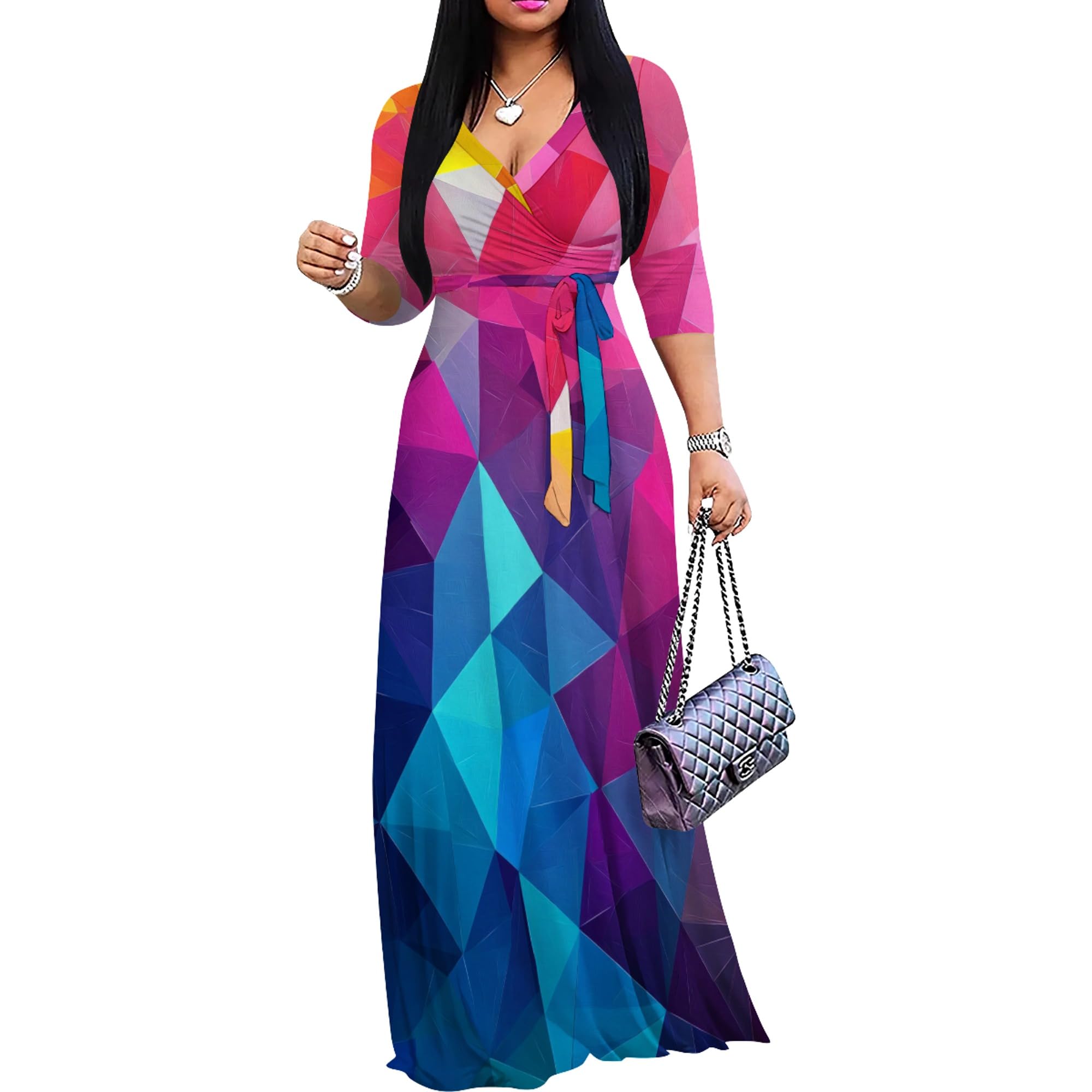 PinkPatty Women's Plus Size Maxi Dresses Casual Flowy 3/4 Sleeves Dress Printed Vacation Dress for Daily Wear with Belt