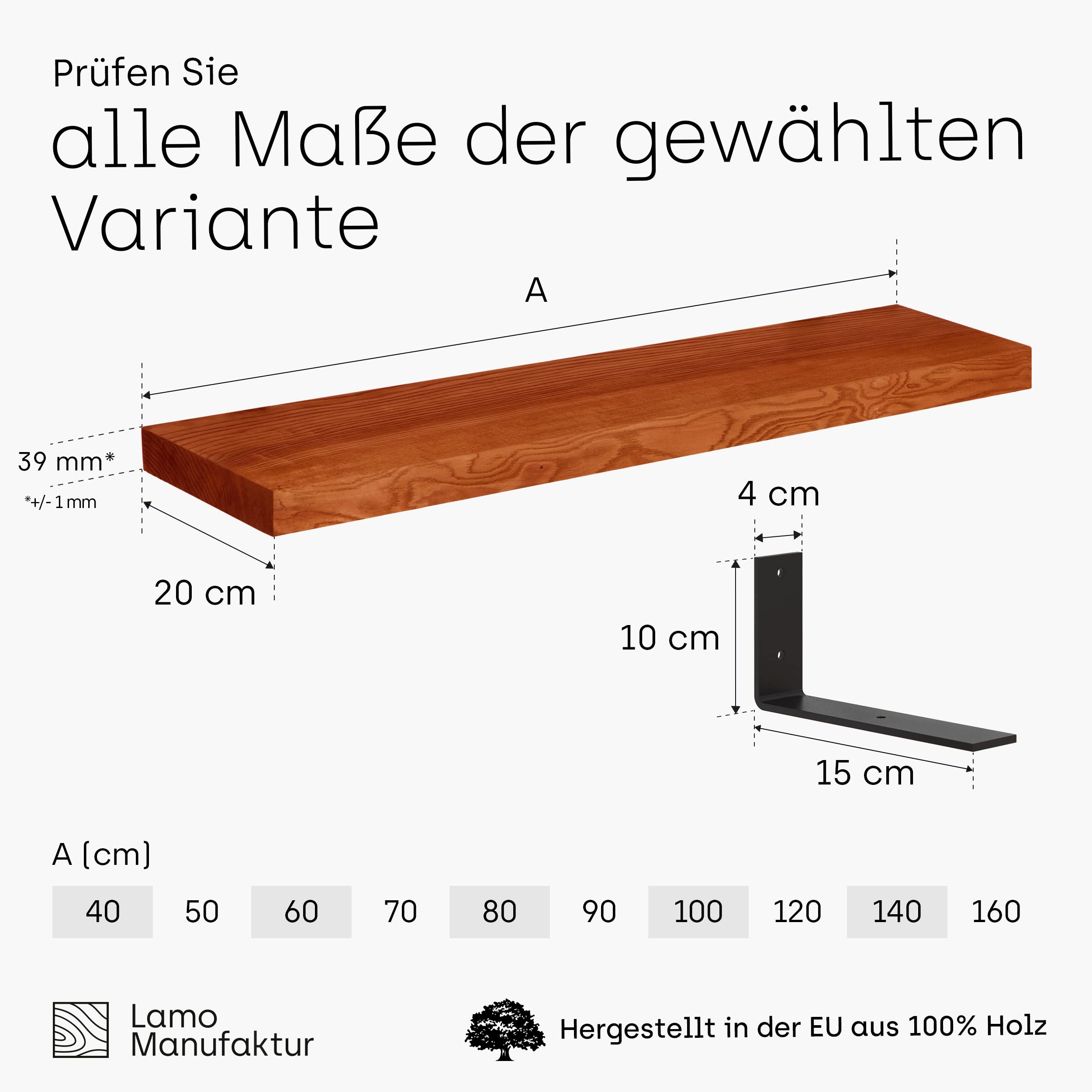 Manufaktura LAMO drewniana półka wisząca, krawędź prosta, półka na książki z 2 metalowymi wspornikami, ciemny jesion 120 cm, LWG-01-A-004-120L