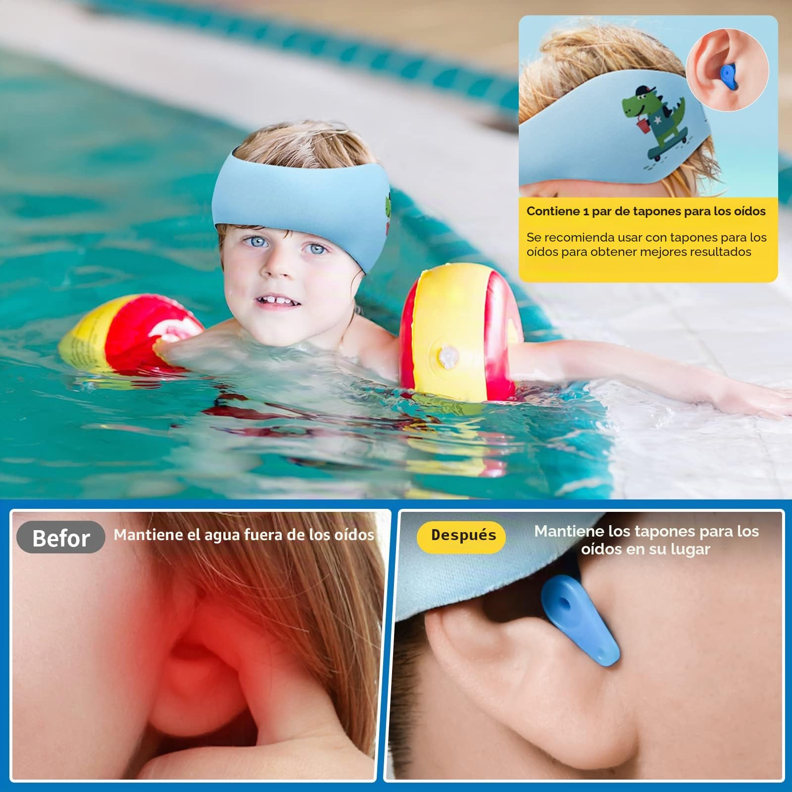 Diadema de Natación, Banda de Neopreno Elástica, Banda para Cabeza de Natación Cinta Natacion Oidos Niños Con Patrón Animal Lindo para Nadar y Surfear (Azul, M)
