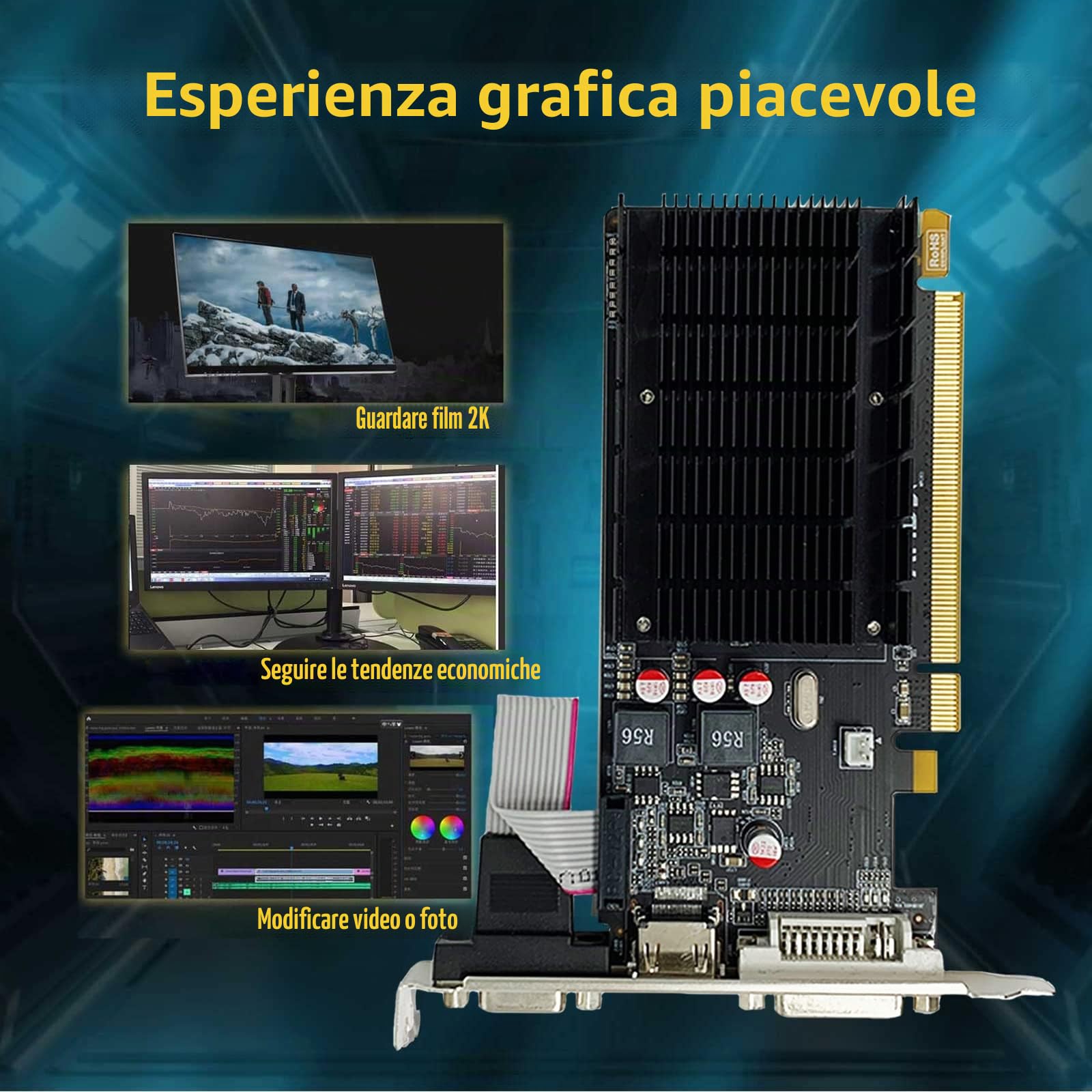 QTHREE Radeon HD 5450 Scheda Video, 2GB GDDR3 64-bit, DVI HDMI VGA, Scheda Grafica Basso Profilo per PC, GPU, PCI Express x16, DirectX 11, Supporto 2 monitor