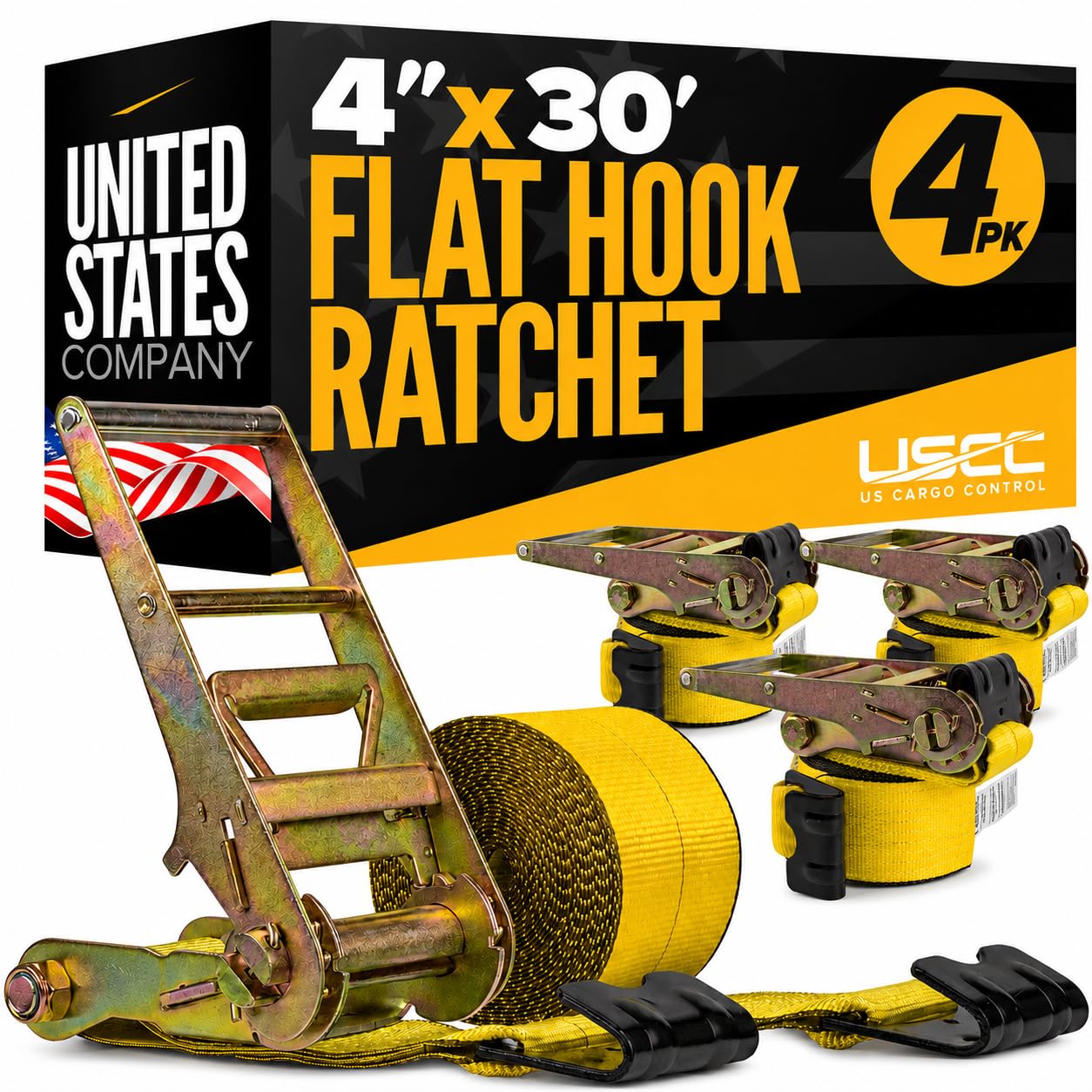 US Cargo Control Flat Hook Ratchet Straps 4” x 30’ (4-Pack), 5,400 LBS Working Load Limit, Yellow 4 Inch Ratchet Straps with Black Flat Hooks, Professional 4 Inch Straps for Flatbed Trailers