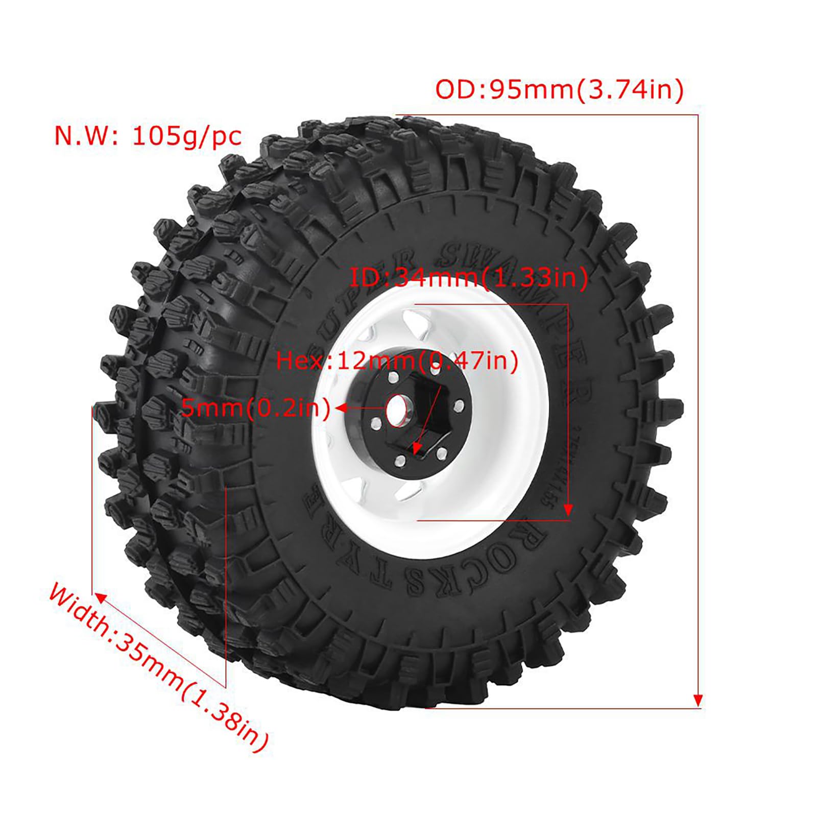 KINGCOO 4Stück 1,55 Zoll RC Metall Beadlock Felgen Räder mit 95mm Alle Terrain Gummireifen Set für 1/10 RC Crawler Auto für Tamiya Axial D90 TF2 CC01 LC70 LC80 Upgrade Teil (8Löcher Bronze)