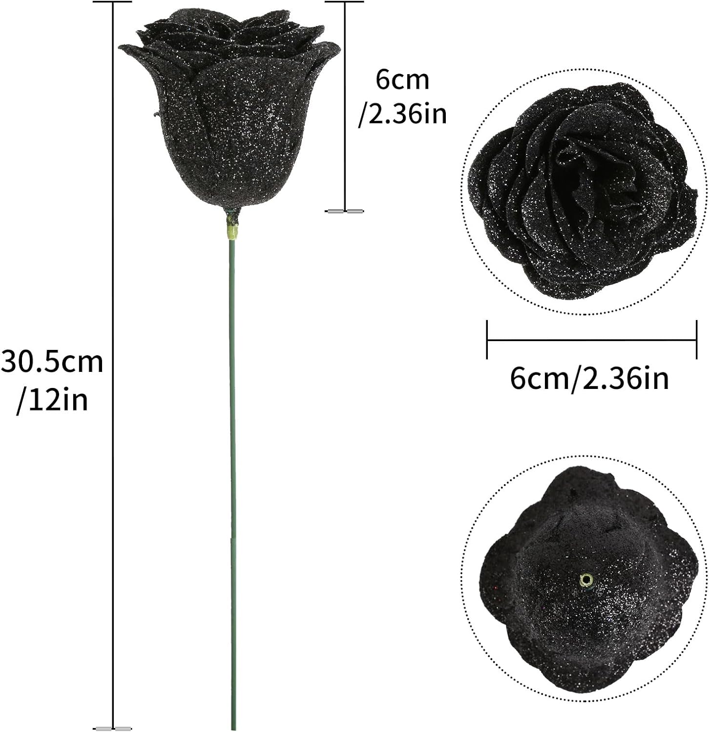 Black Roses Artificial Flowers, 30pcs Glitter Roses Artificial Roses with Stems for Crafts Wedding Bouquet Party Home Decor(Black)