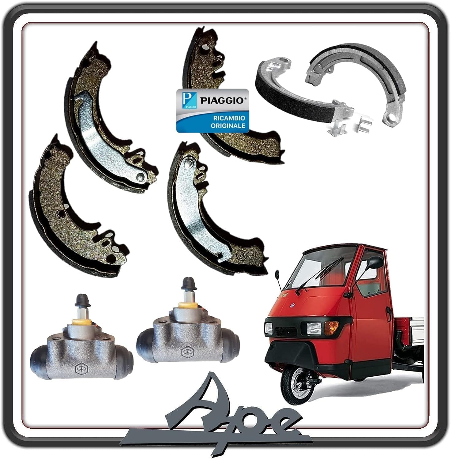 KIT GANASCE CEPPI FRENO FRENI ANTERIORE E POSTERIORE COMPLETO DI CILINDRETTI PER PIAGGIO APE 50 ORIGINALE PIAGGIO.