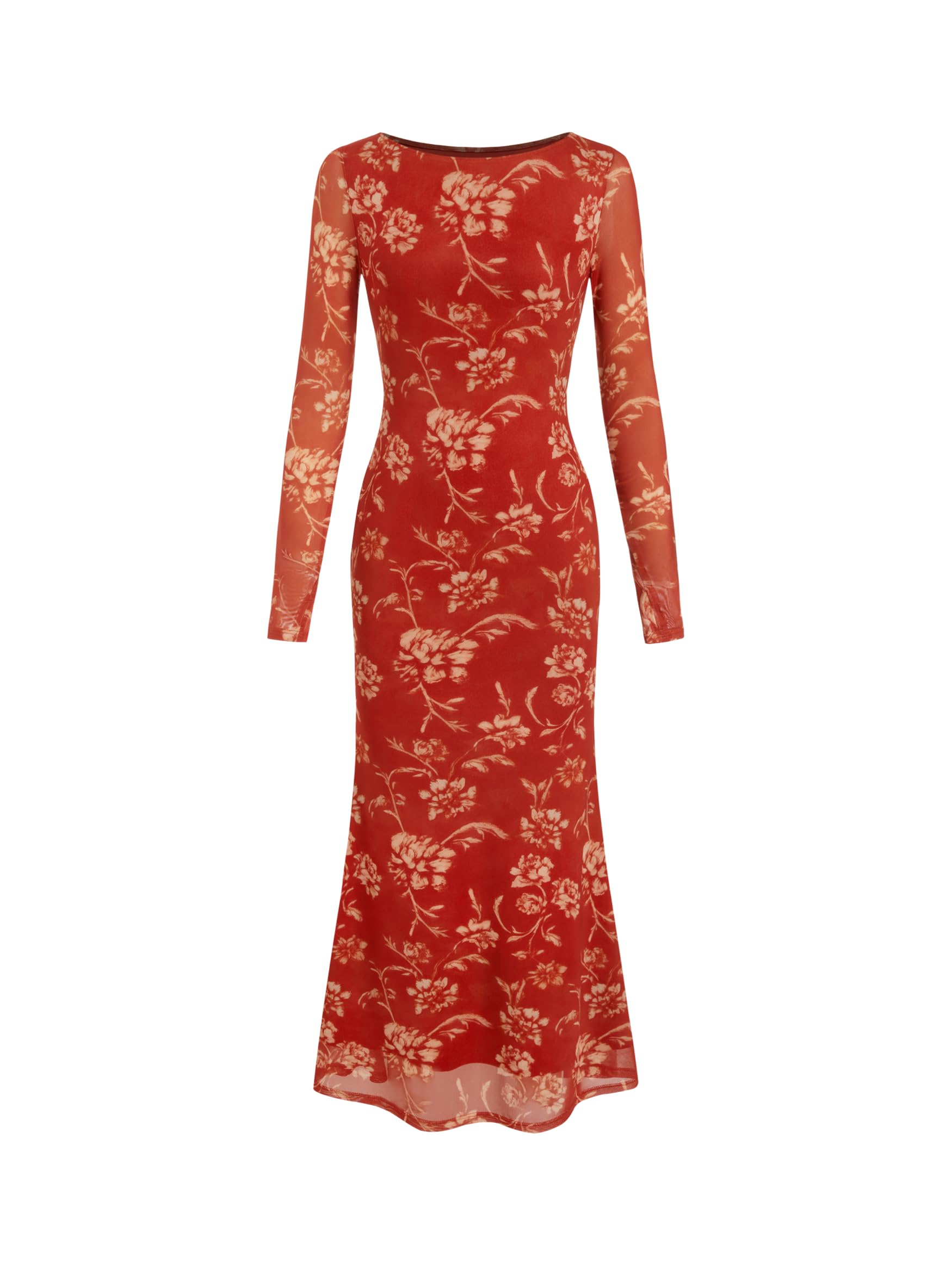 CIDER Floral Wedding Guest Dress for Women Mesh Long Sleeve Maxi Dress | Boat Neck Bodycon Dress with Thumb Holes, Semi Formal Dress, Fall Fashion Elegant Outfits