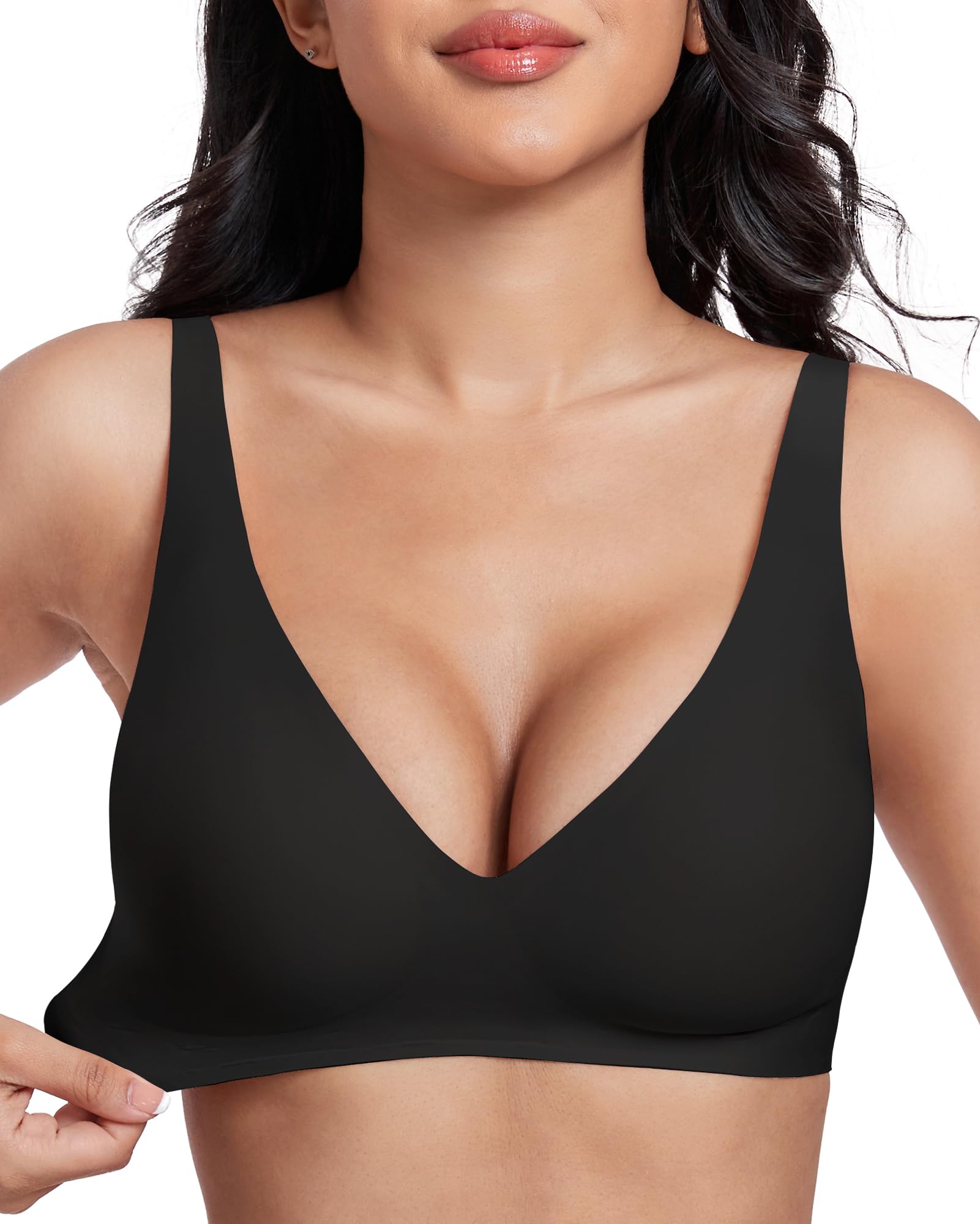 Vinfact Tiefer V BH Damen Ohne Bügel Nahtloser Bequemer Push up BH für Große Brüste Starker Halt T Shirt Schlaf BH