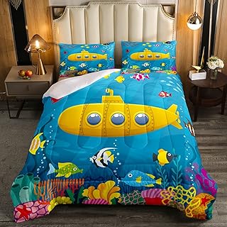 Submarine Comforter Set Cartoon Yellow Submarine Bedding Set for Kids Boys Girls Underwater World Decor Comforter Cute Sealife Quilt Set with 1 Pillowcase 2Pcs Bedding Twin