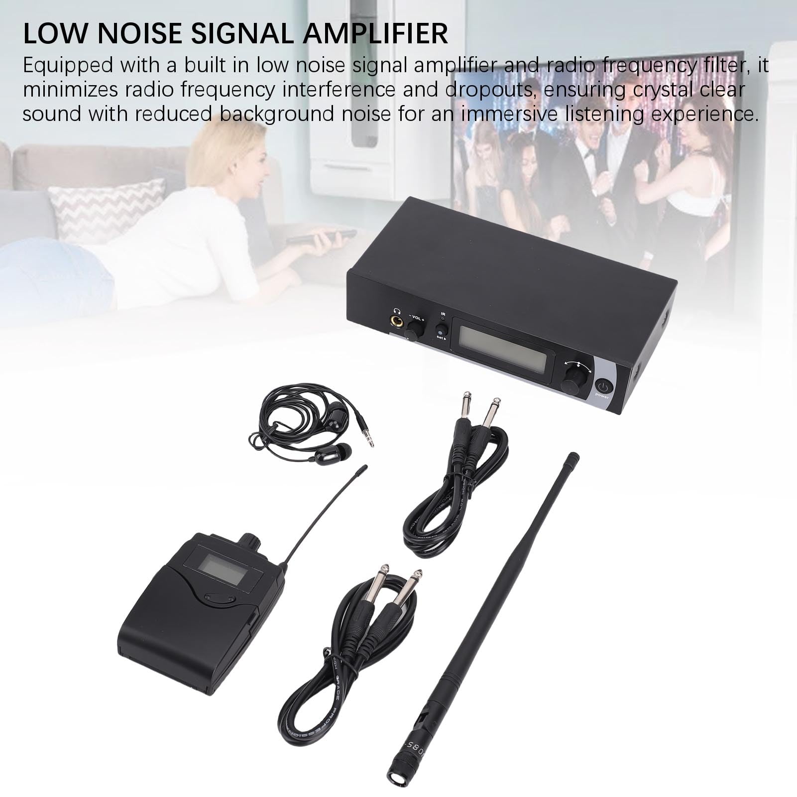 Bewinner Inalámbrico de Monitoreo Intrauditivo, UHF 550-590 MHz con Receptor Transmisor de Petaca, Pantalla LCD, Audio de 24 Bits/192 KHz, Alcance de 50 M para Bandas de Estudio en KTV (Enchufe de