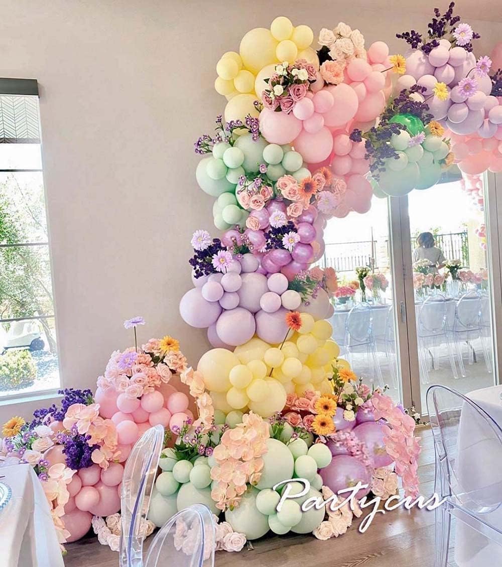 Pastel Balloon Garland Arch Kit Double Stuffed, Baby Pink Purple Yellow Green Balloons with Metallic Lilac Latex for Baby Shower Princess Birthday Spring Easter Flower Fairy Party Decoration