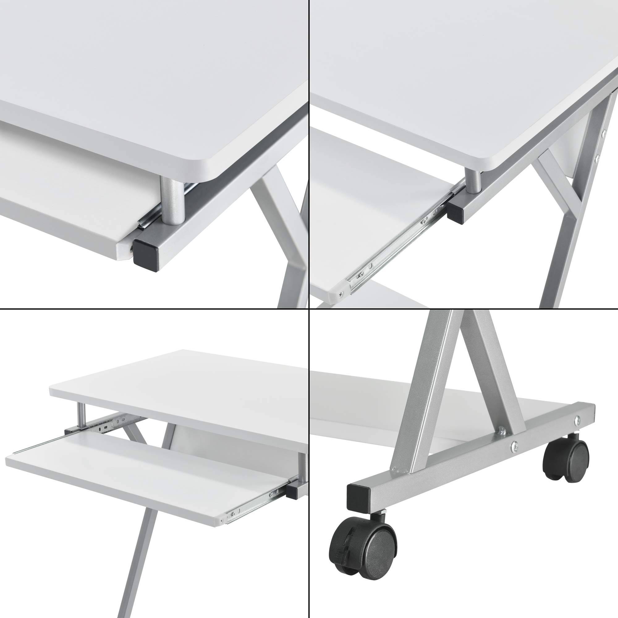 [en.casa] Scrivania per Computer con Ruote Tavolo Porta PC Mobile con Tastiera Scorrevole e Ripiano Postazione di Lavoro 60 x 40 x 75 cm - Bianco