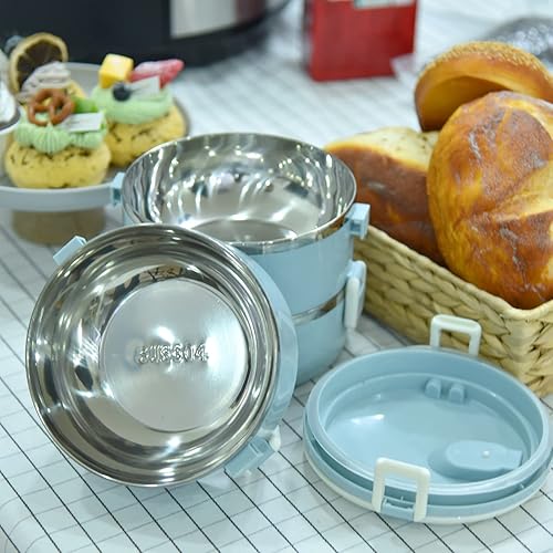 Miniatura 2 de Lonchera térmica de acero inoxidable de 3 niveles para adultos, oficina, campamento, apilable, de acero inoxidable, con compartimento térmico para