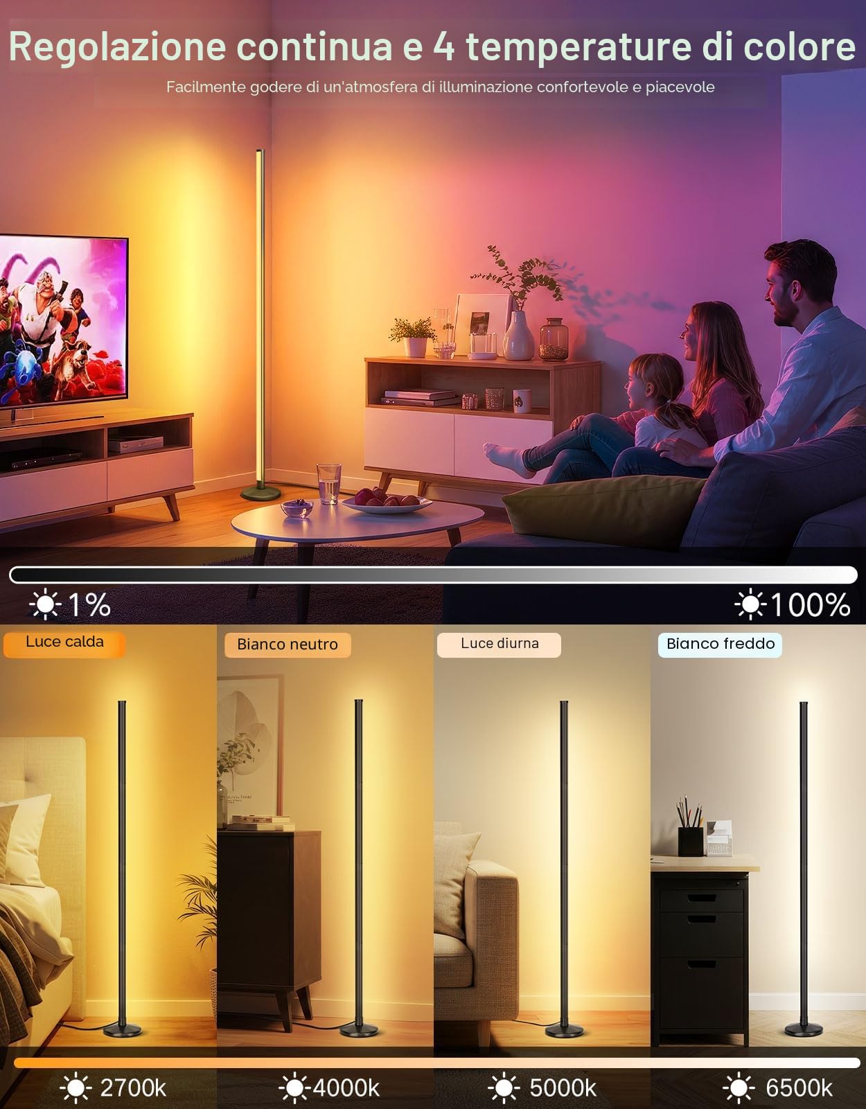 OUTON Lampada da Terra LED 2-Pezzi, RGBIC Dimmerabile Piantana con Telecomando e Controllo APP, 16 Milioni di Colori, Sincronizzazione Musicale, Timer, per Soggiorno, Camera, Giochi