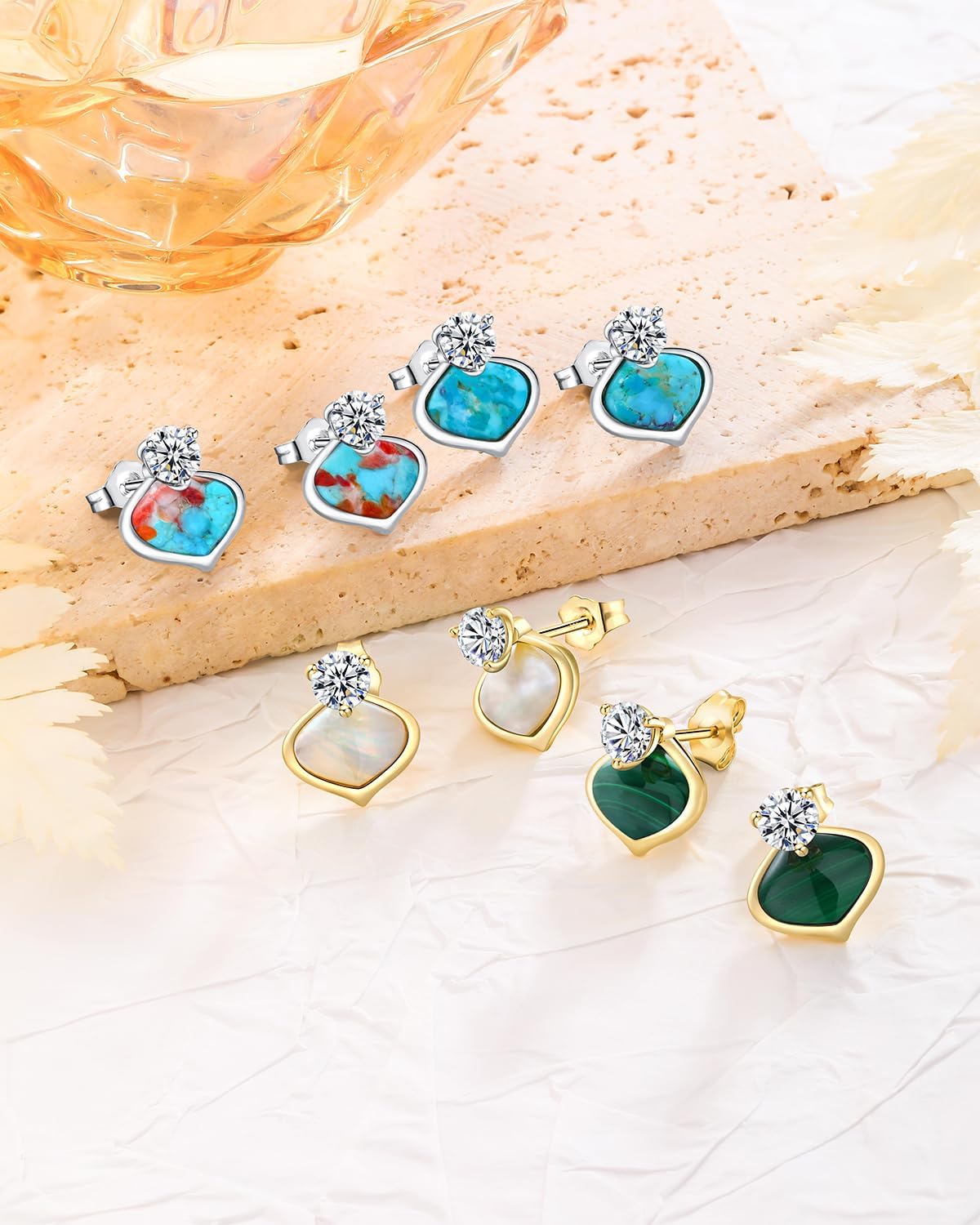 AIBAO Sterling Silver Turquoise/Malachite/Pearl Stud Earrings for Women Natural Gemstone Flower Post Earrings Bohemian Jewelry Gift for Anniversary Christmas Valentines - Image 6