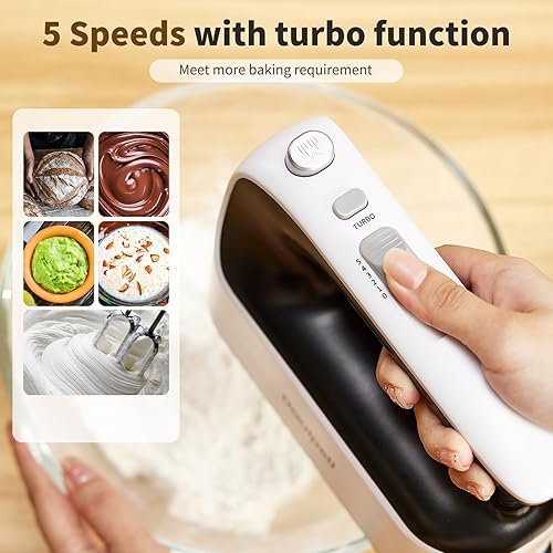 Miniatura 4 de Batidora de mano eléctrica de mano, 5 velocidades + 400 W de alta potencia, mezclador de mano eléctrico para hornear pastel, huevo crema con Turbo