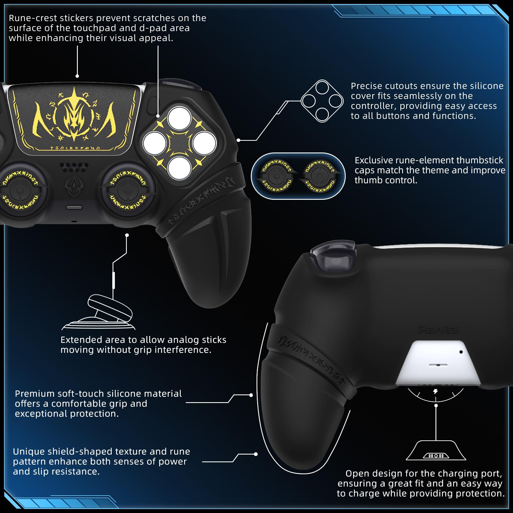 PlayVital 2 Cover per ps5 Controller,Custodia Protettiva Silicone Skin Antiscivolo per ps5 Joystick&Copri Levette Analogiche&Adesivo Touchpad(Runes)-Compatibile con Base di Ricarica-Nero