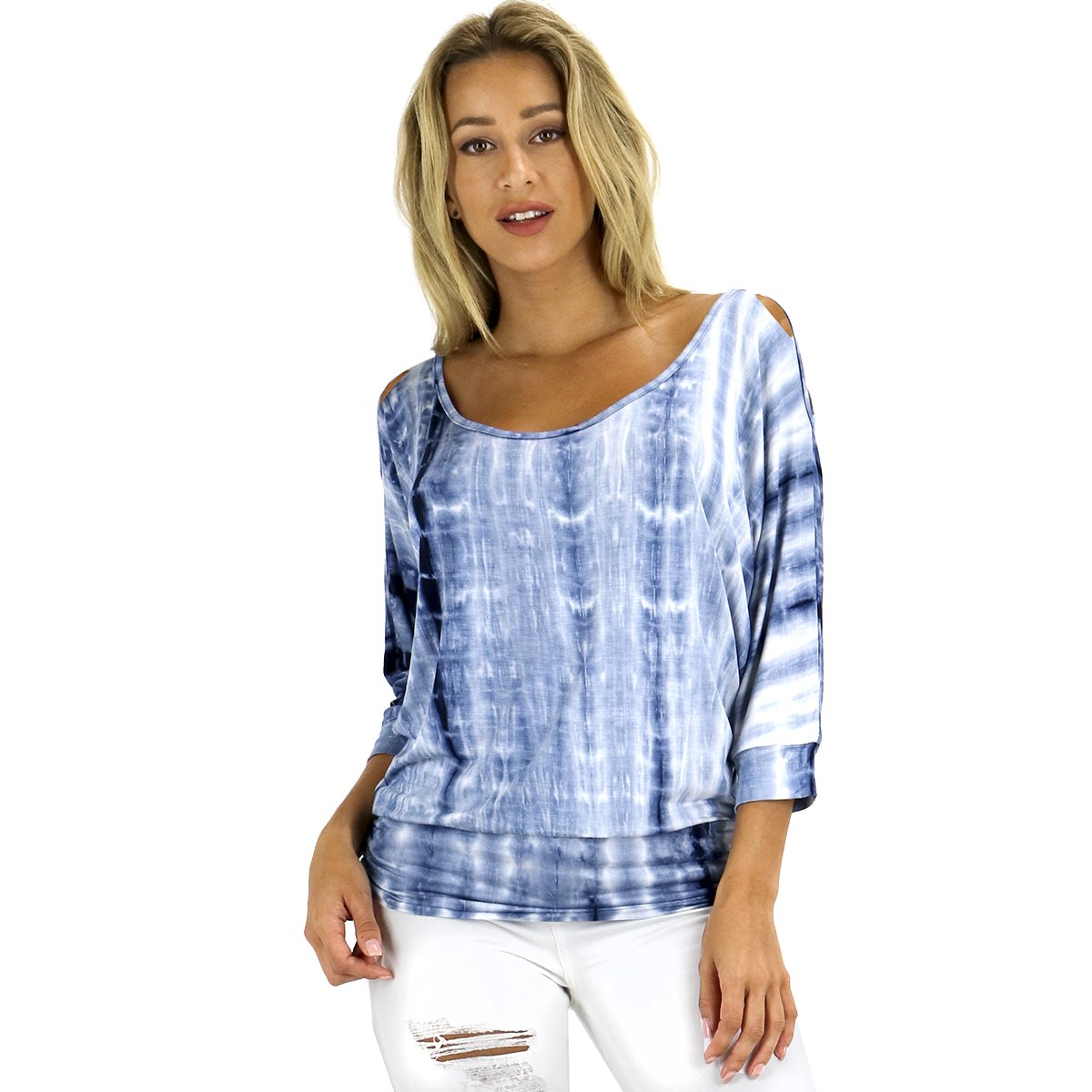 Ohconcept Collection Dolman Peek-A-Boo Blouson Top (Small, Tiedye Blue)