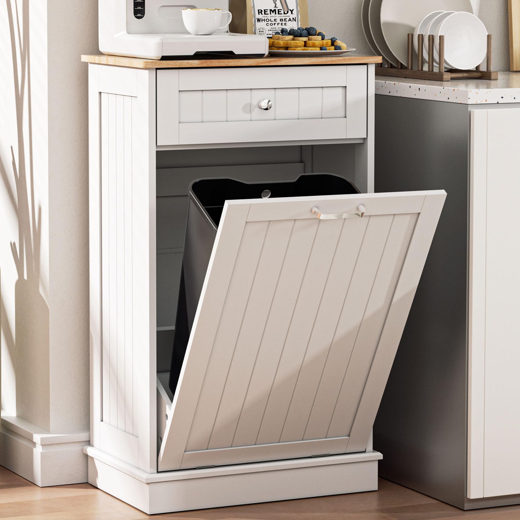 Spurgehom 13 Gallons Tilt Out Trash Can Cabinet Hidden Kitchen Trash Can Freestanding Garbage Recycling Cabinet with Hideaway Drawer Pet Proof Trash