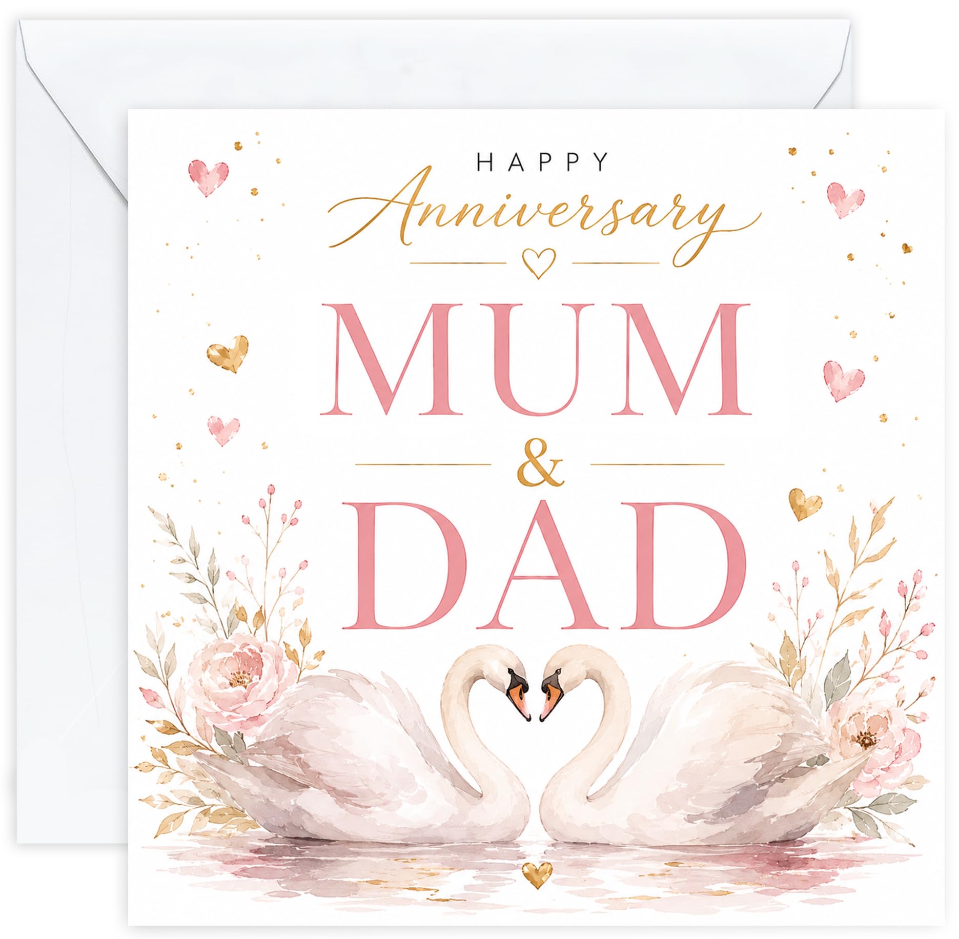 Anniversary Card for Mum and Dad | Romantic Swan Wedding Anniversary Card for Parents | Happy Anniversary Mum & Dad Card with Optional Printed Inside Message (Design 10)
