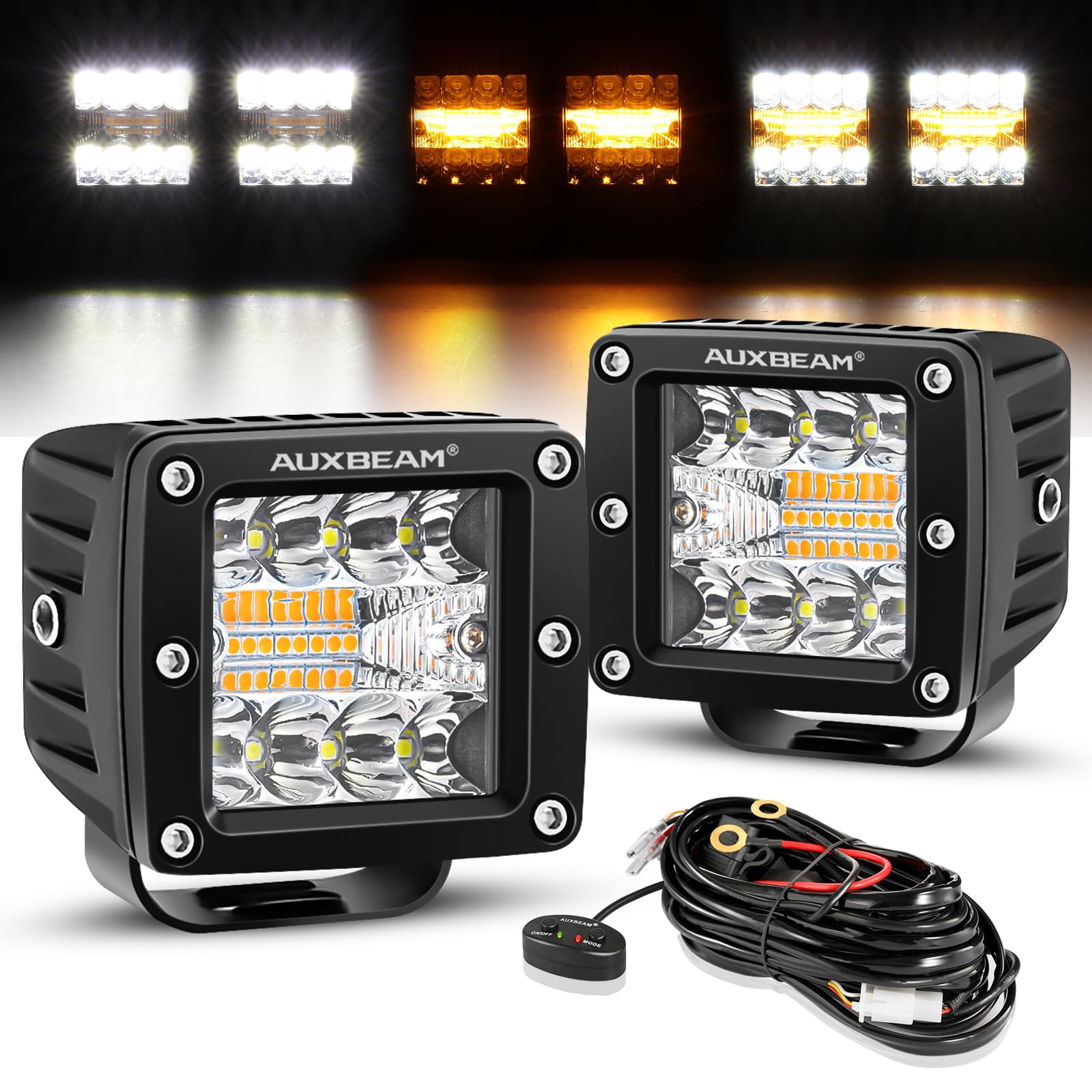 3 Inch 72W Amber Fog Light, 6 Modes Strobe Cube Pod Light Bar Dual Color Yellow Spot Flood Offroad Ditch Lights for Truck Car ATV