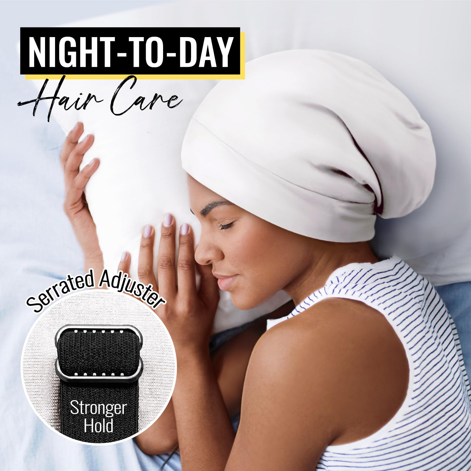 Gorro de dormir con forro de satén para cabello rizado y trenzas, envoltura de cabello toda la noche con correa ajustable para mujeres y hombres, blanco, paquete de 1