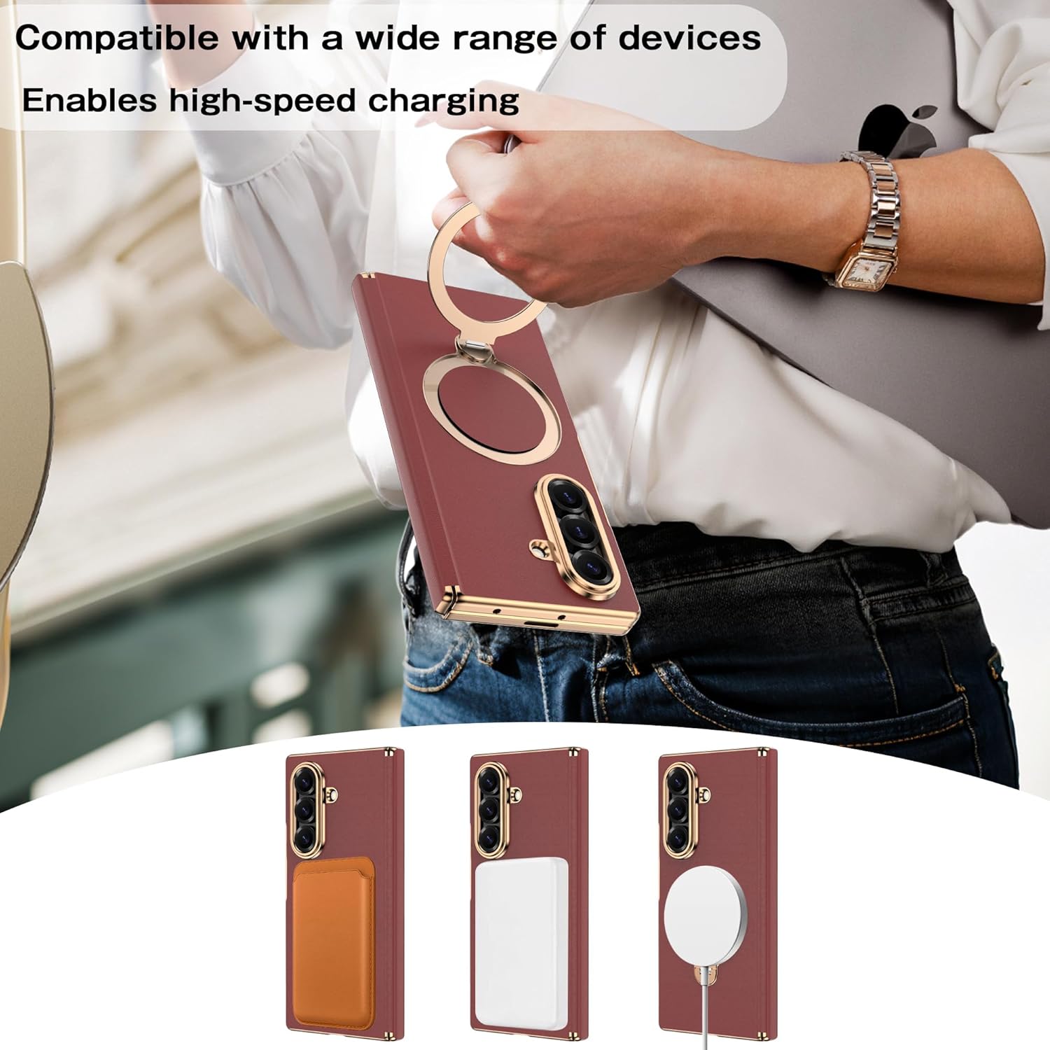 【All-In-One】 for Galaxy Z Fold7 Case with 360° Stand (compatible with MagSafe) Magnetic Privacy Screen Protector, MIL-Grade Shockproof Premium Leather Full Hinge Protection - Wireless Charging red