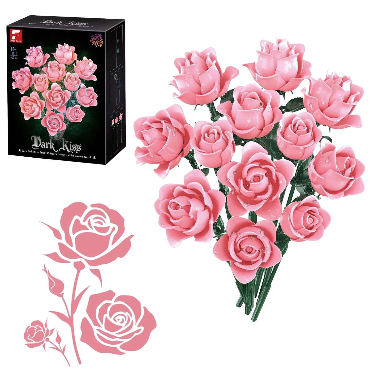 Flowers Pink Rose Bouquet Building Kit, Artificial Flowers Brick Set