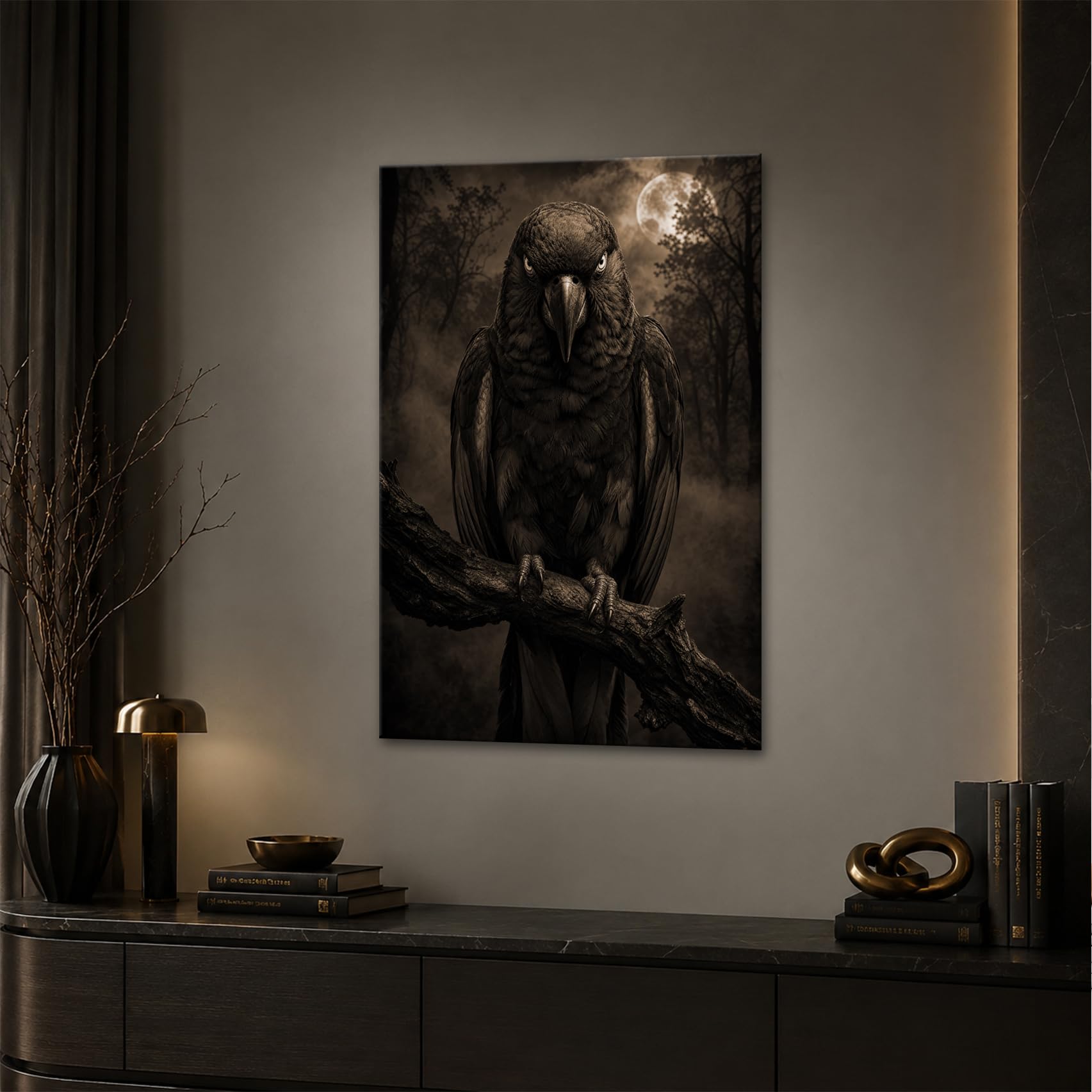 deyoli Obraz na płótnie Czarna papuga z czerwonymi piórami 100 x 70 cm Sepia | Pionowy jednoczęściowy druk artystyczny XXL na blejtramie | obraz na płótnie | obraz ścienny | dekoracja salonu