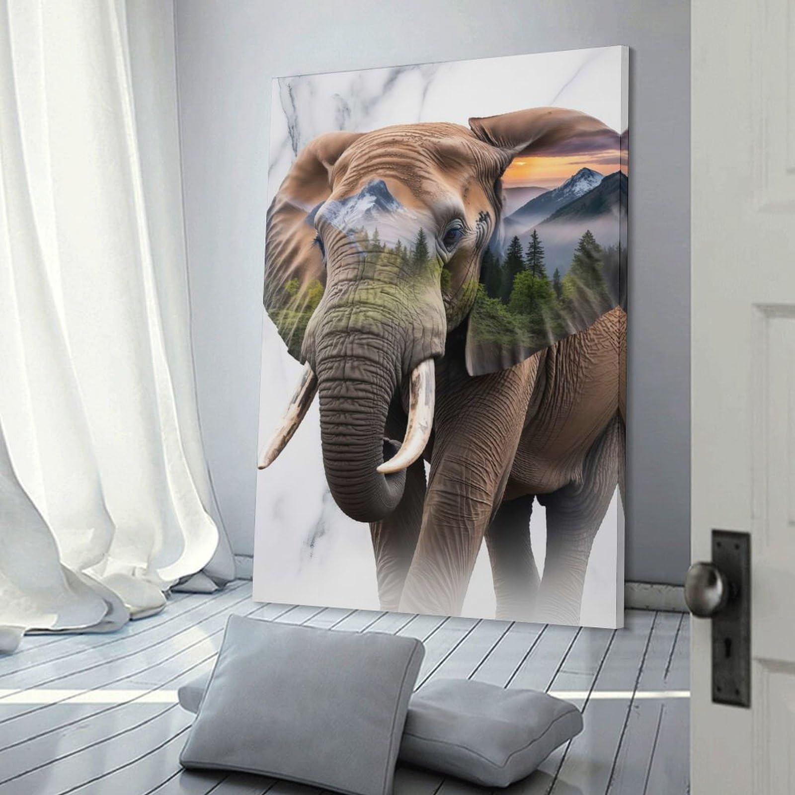 Junmoney Canvas Wall Art Elephant Nature Double Exposure Portrait, 16x24inch(40x60cm), for Living Room, Lounge Or Sitting Room, Canvas Styling for A Polished Room Look