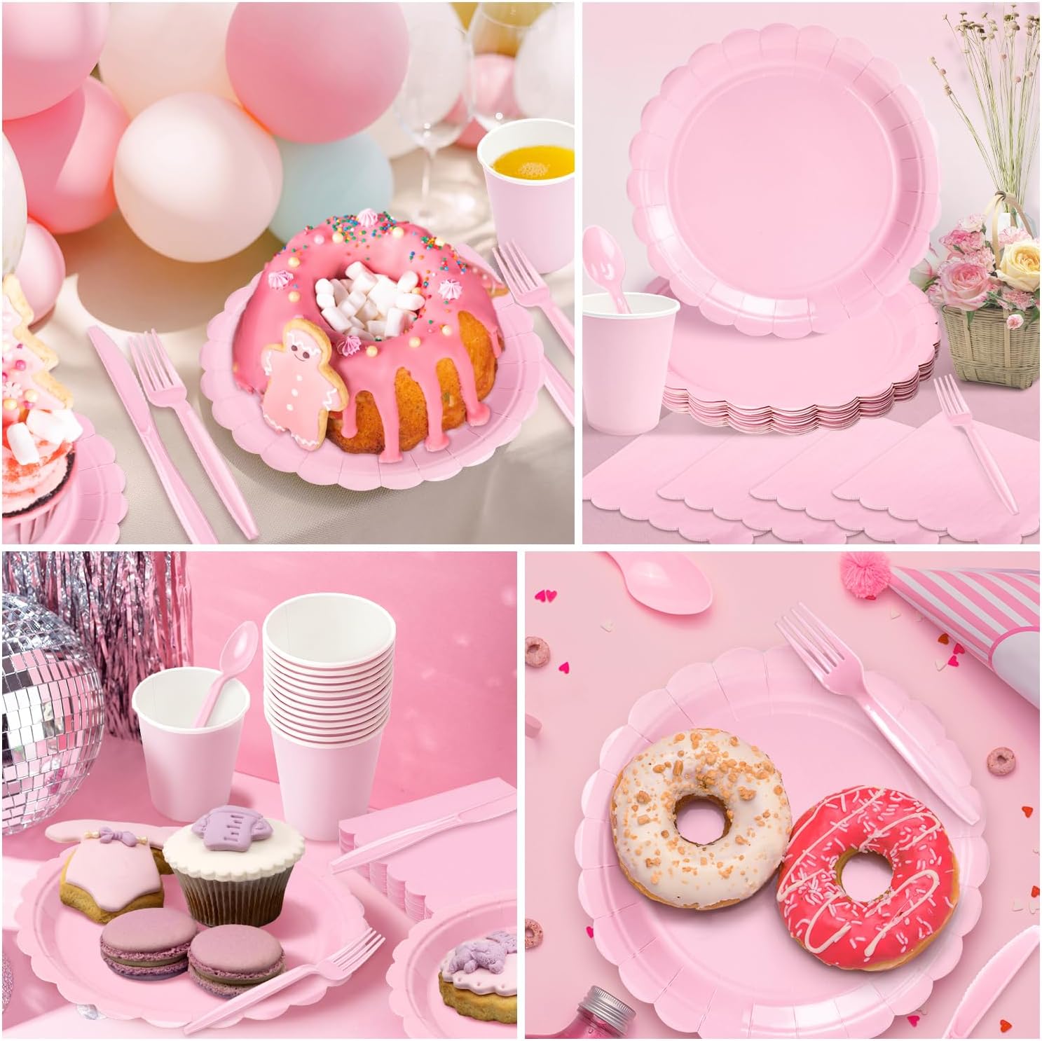 Vyntra 350 Pcs Pink Paper Plates and Napkins Set for 50, 9" Dinner Plates & 7" Dessert Plates, Tableware for Birthday Party, Mother's Day